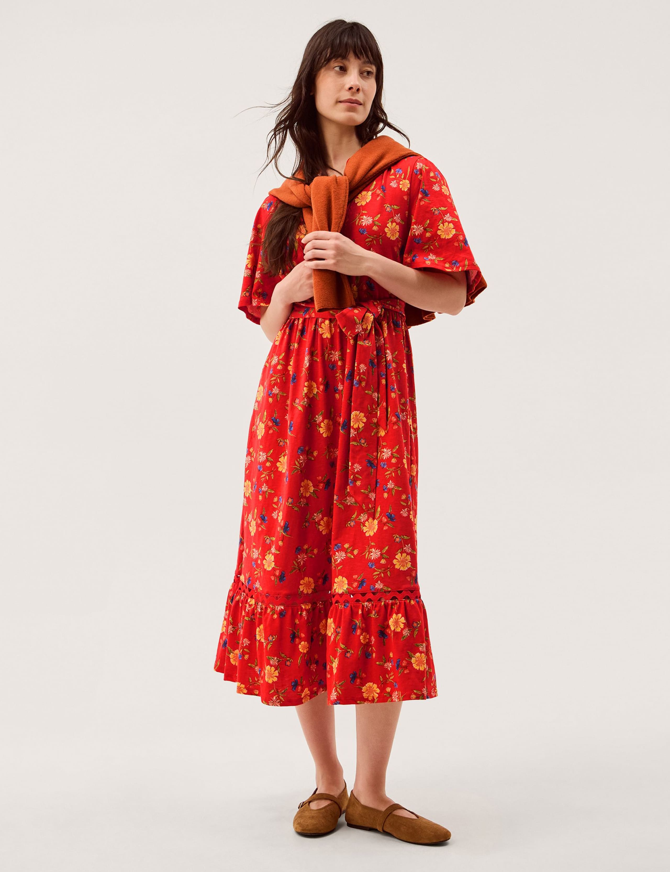 Pure Cotton Floral V-Neck Midi Waisted Dress 4 of 5