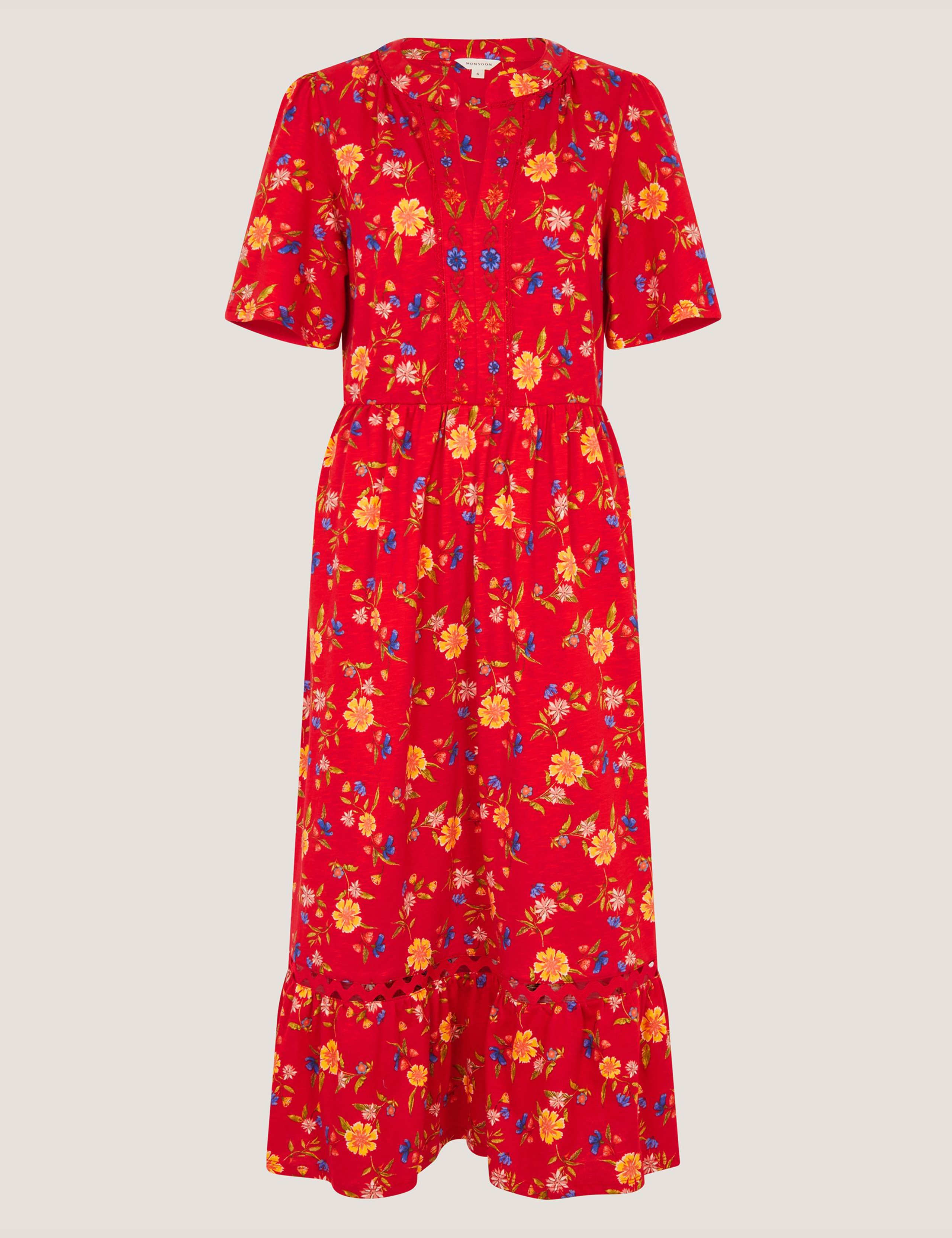Pure Cotton Floral V-Neck Midi Waisted Dress 2 of 5