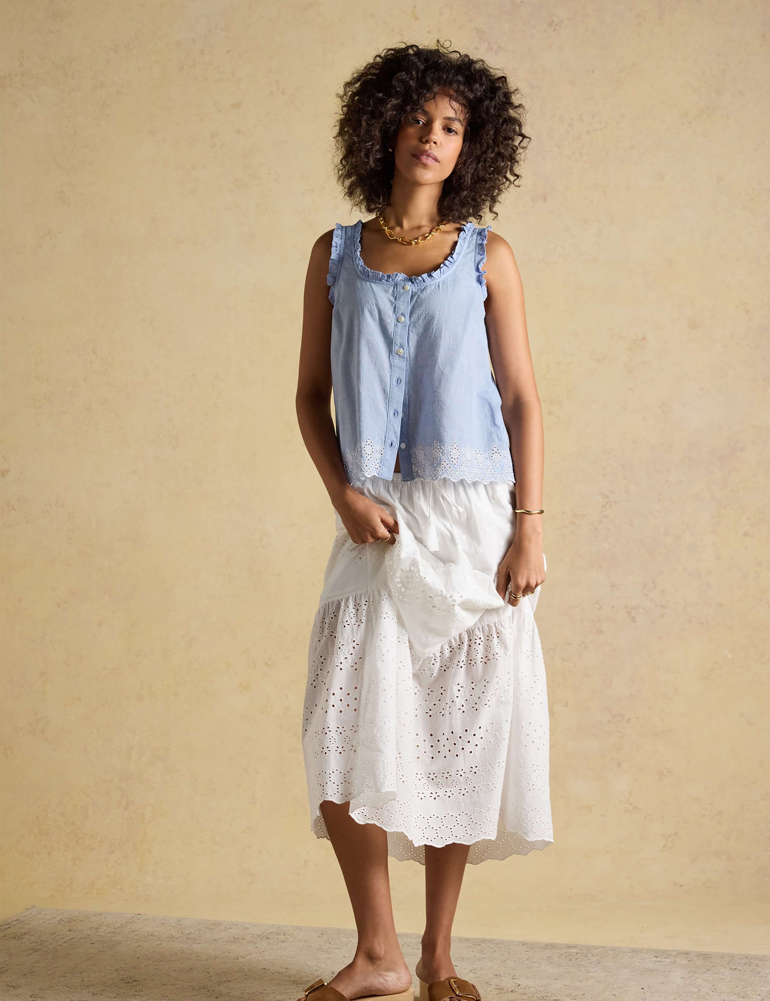 Pure Cotton Scoop Neck Broderie Trim Vest 5 of 8