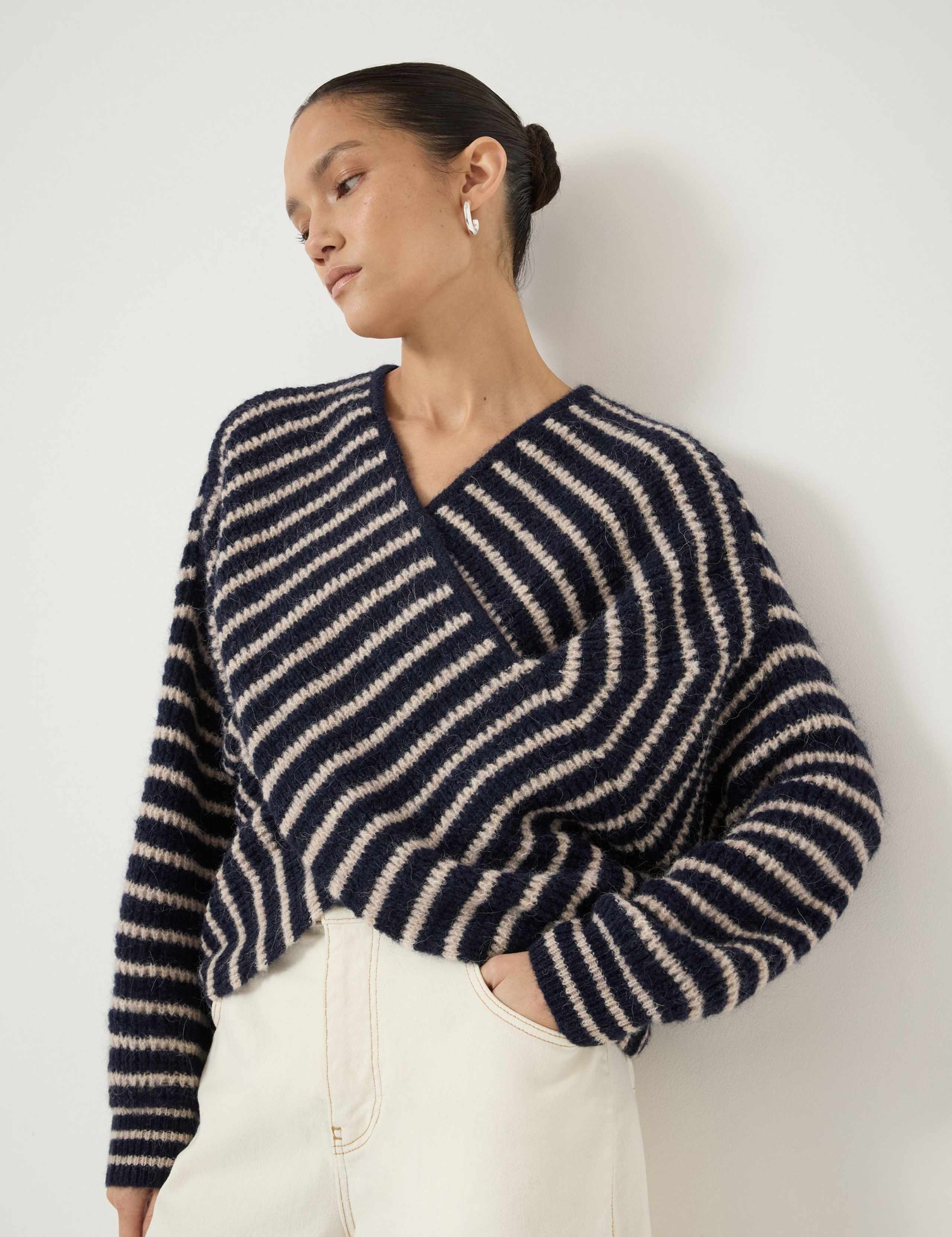 Wool Blend Striped V-Neck Cross Front Jumper 5 of 5