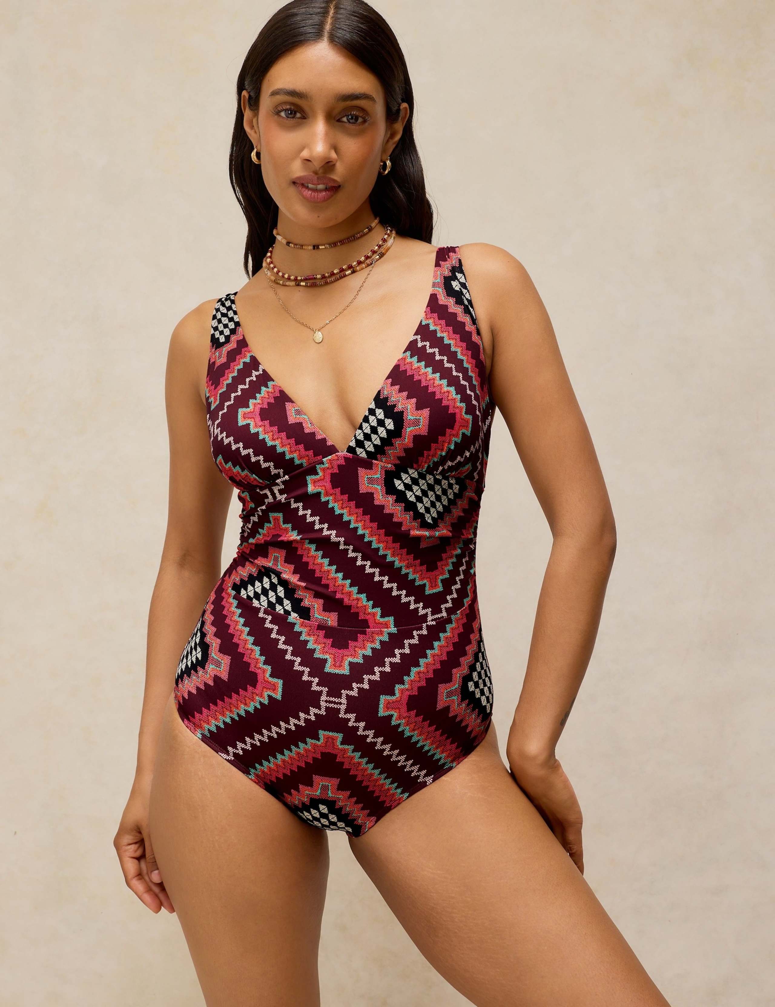 Patterned Tie Detail Plunge Swimsuit 1 of 6