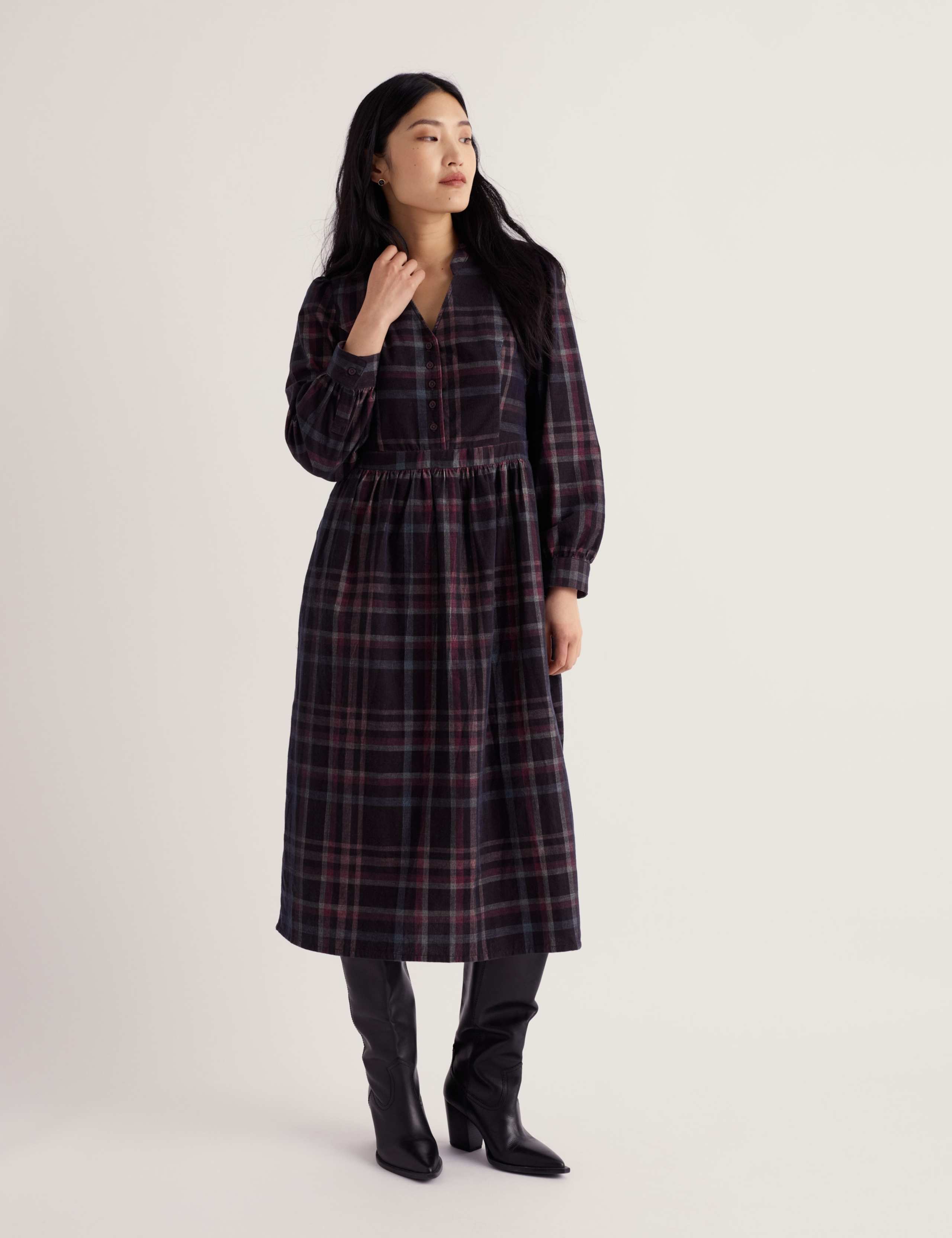 Pure Cotton Cord Checked Midi Waisted Dress 1 of 5