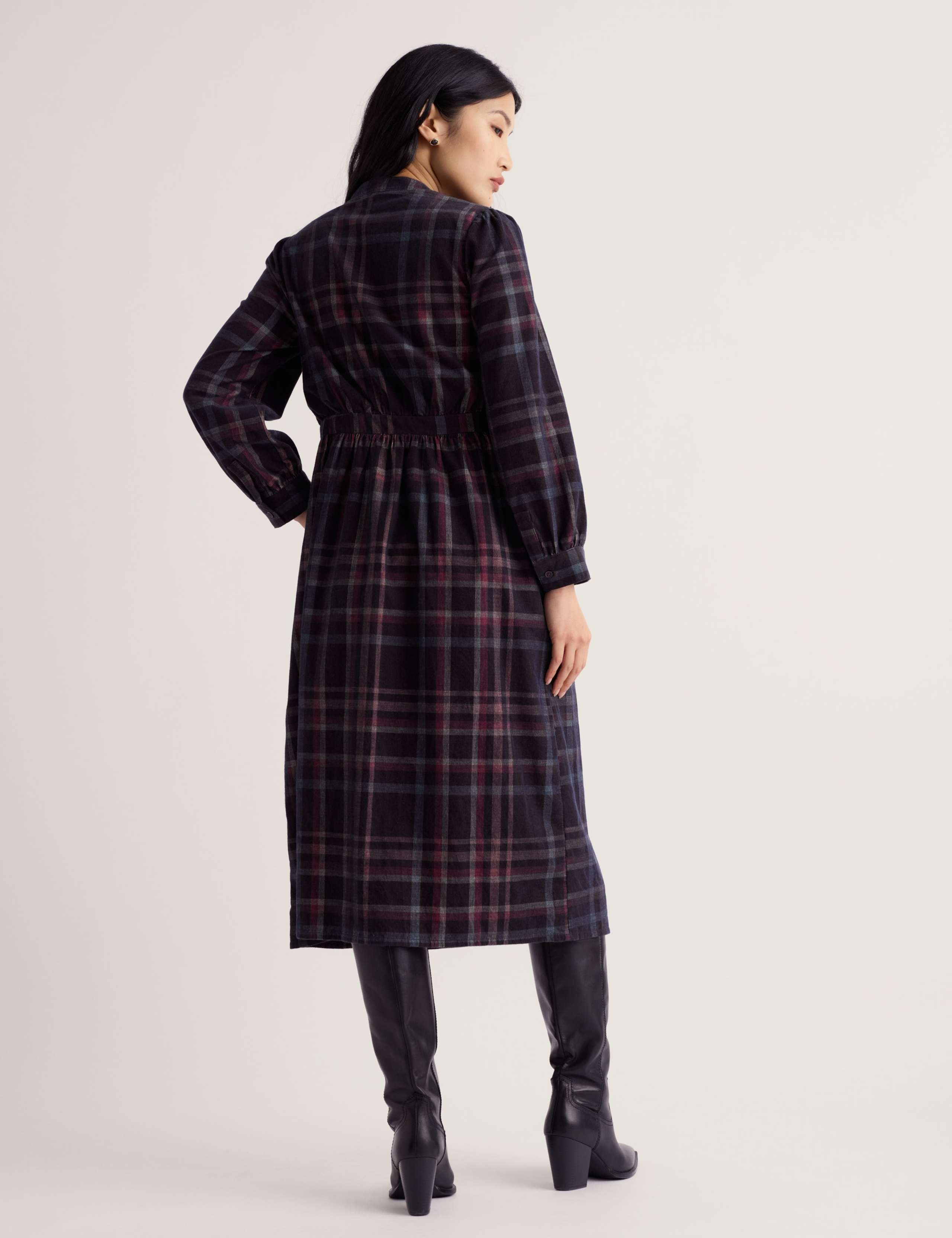 Pure Cotton Cord Checked Midi Waisted Dress 3 of 5