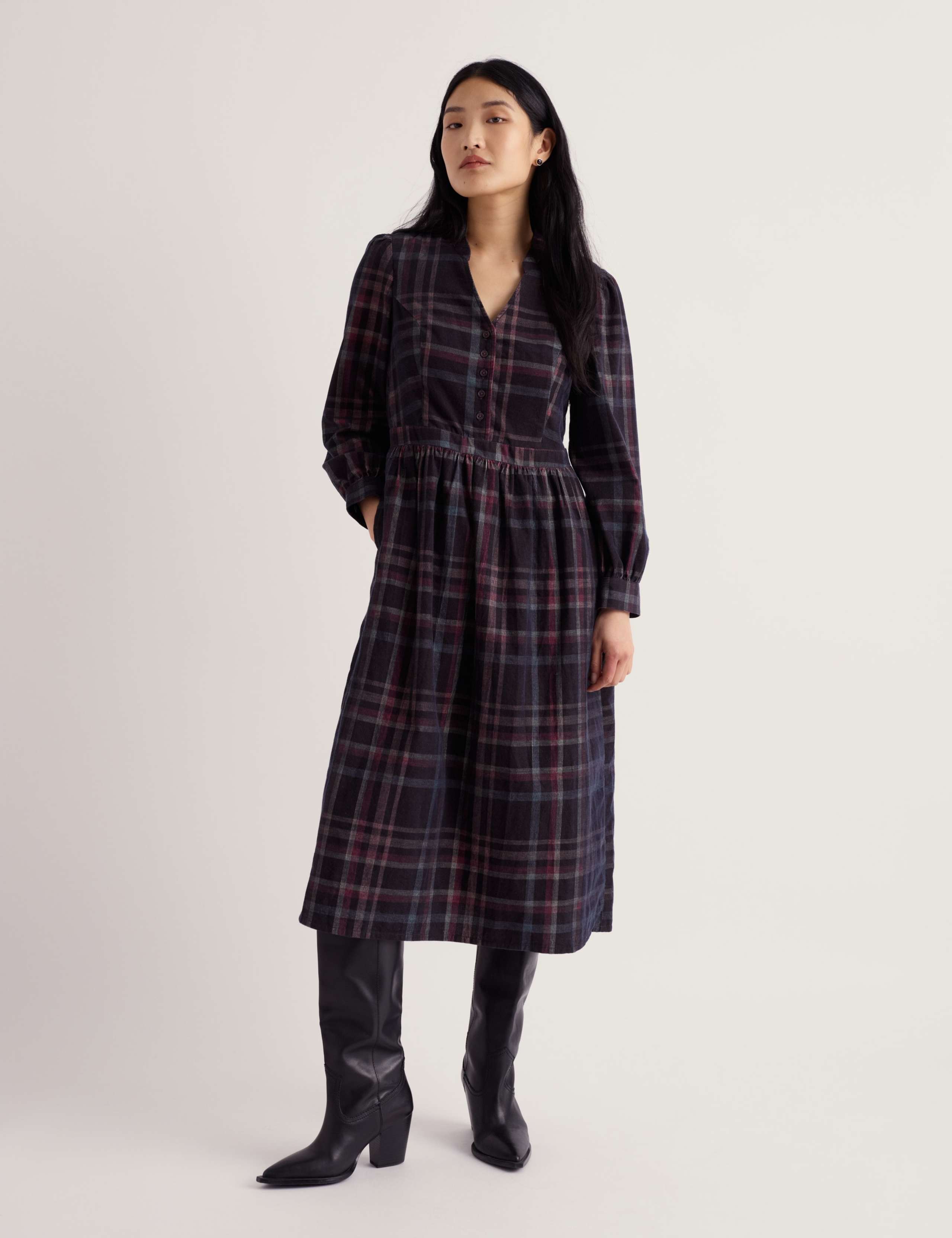 Pure Cotton Cord Checked Midi Waisted Dress 5 of 5
