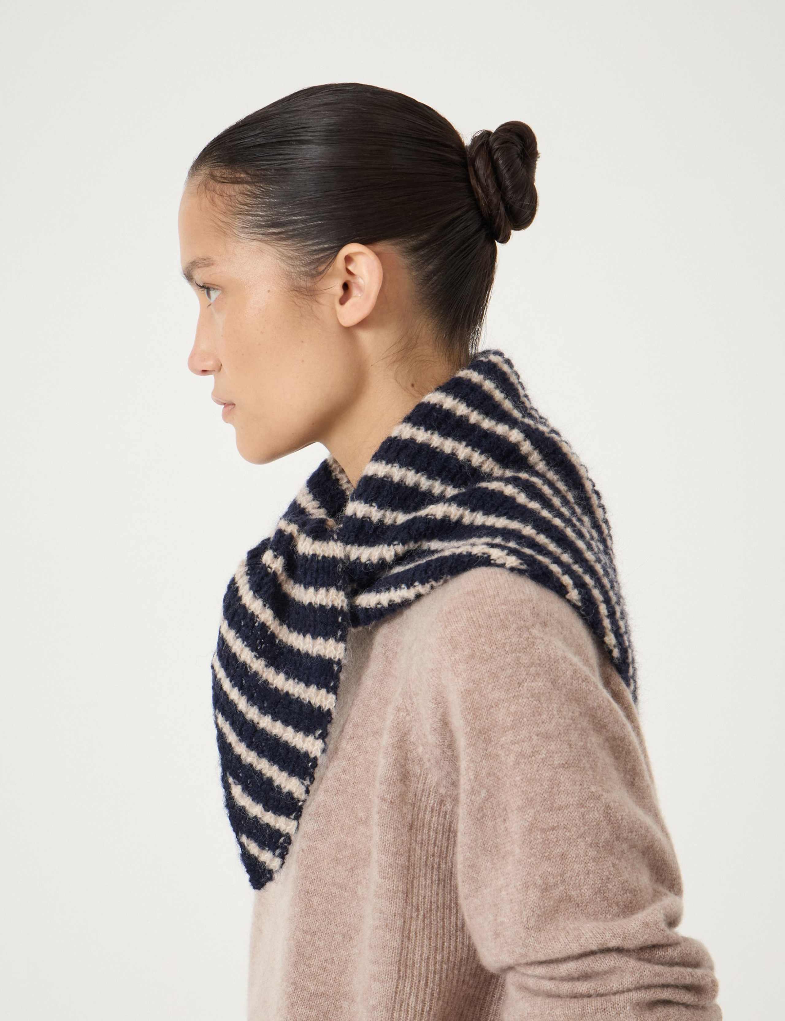 Wool Blend Knitted Striped Triangle Scarf 3 of 4