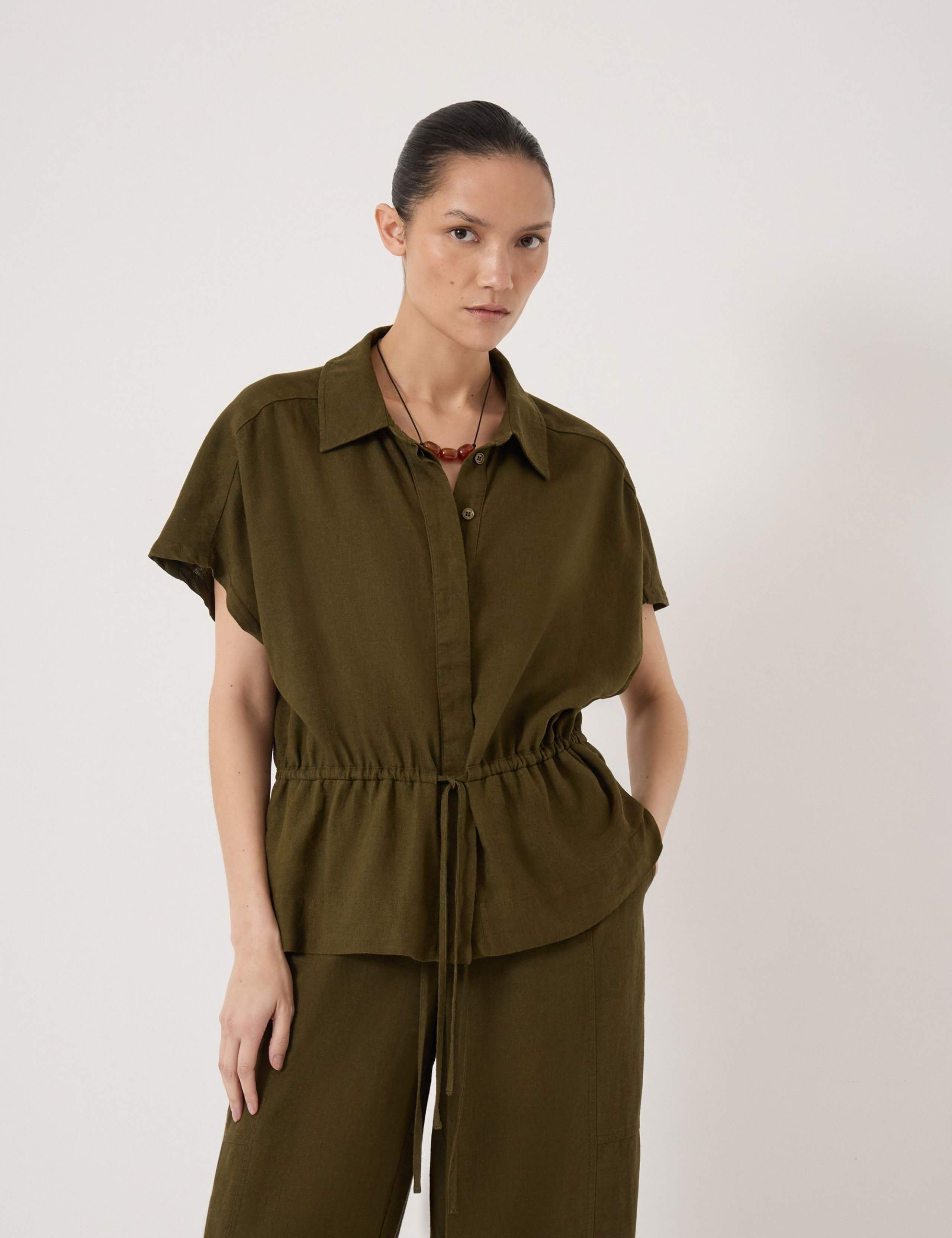 Linen Blend Short Sleeve Waisted Shirt 1 of 5