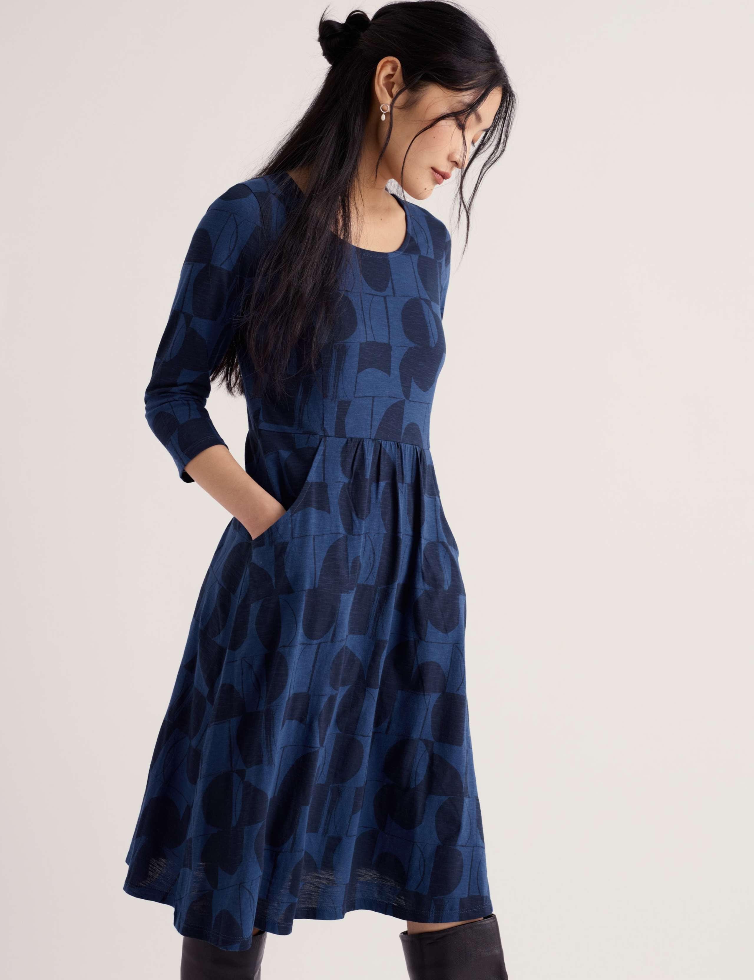 Pure Cotton Geometric Midi Waisted Dress 3 of 5