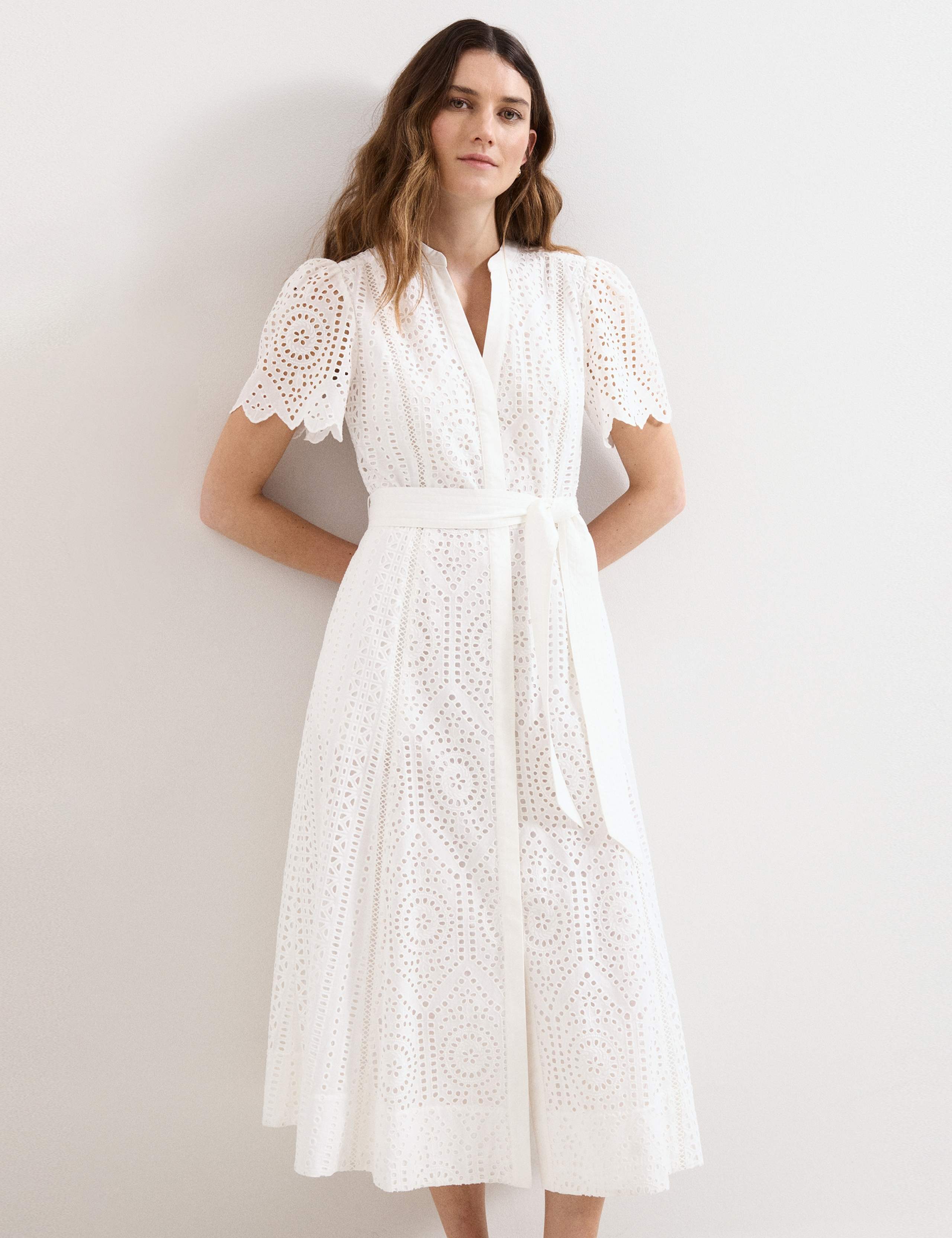 Pure Cotton Broderie V-Neck Midi Skater Dress 1 of 6