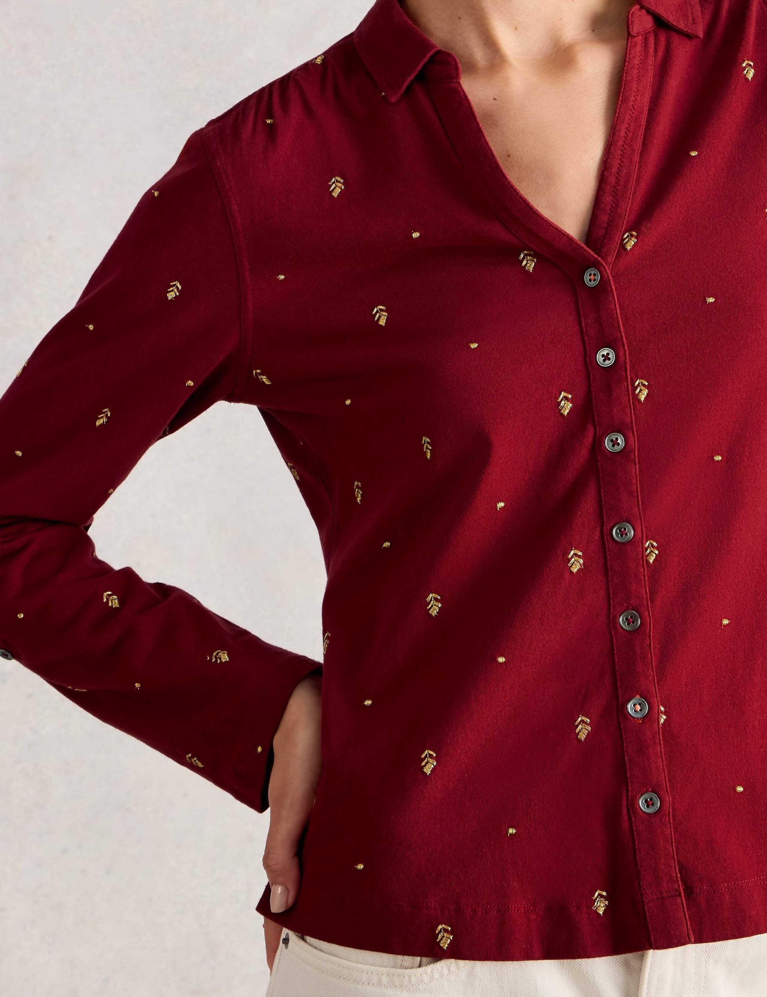 Pure Cotton Jersey Embroidered Collared Shirt 3 of 6