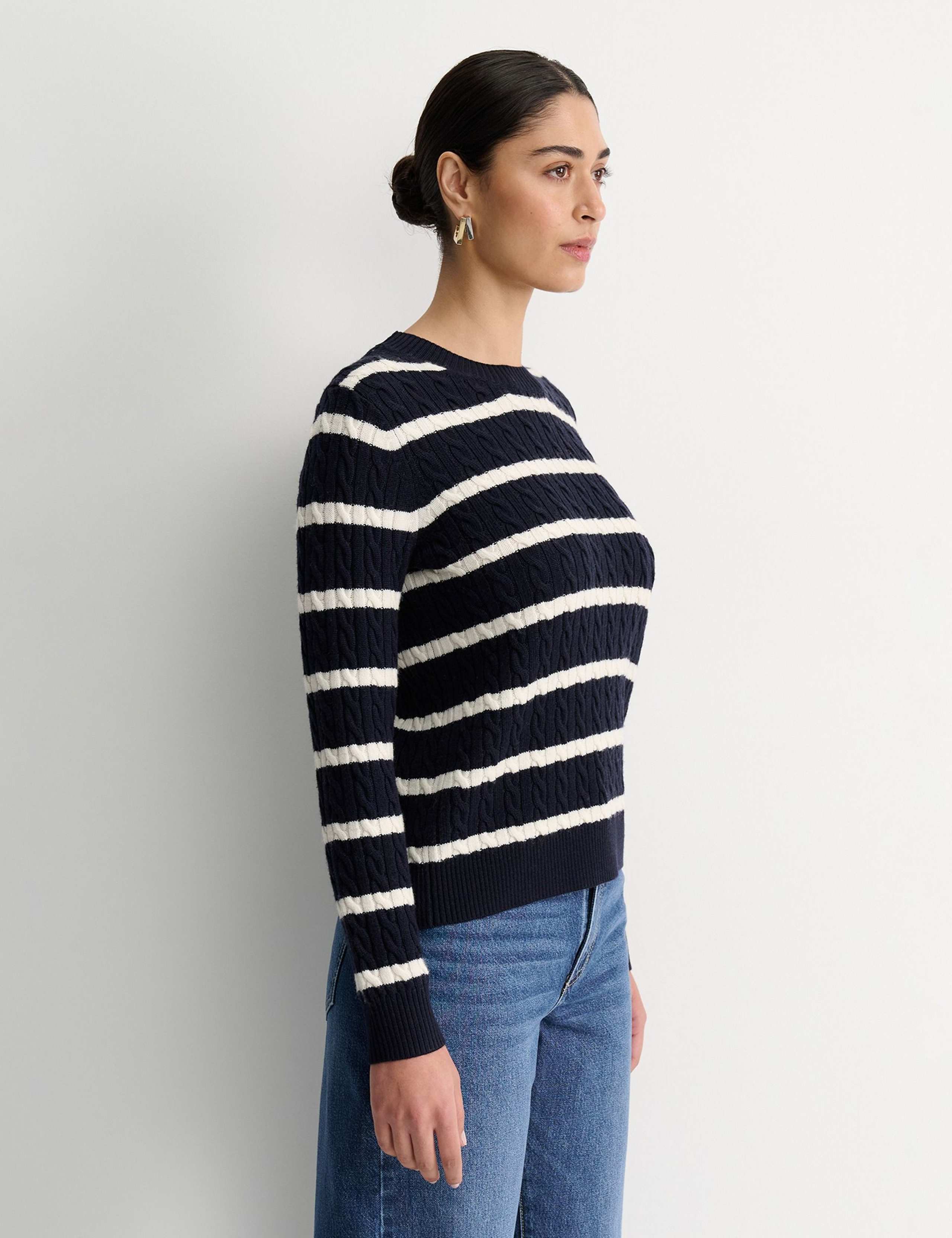 Pure Merino Wool Cable Knit Striped Jumper 3 of 5