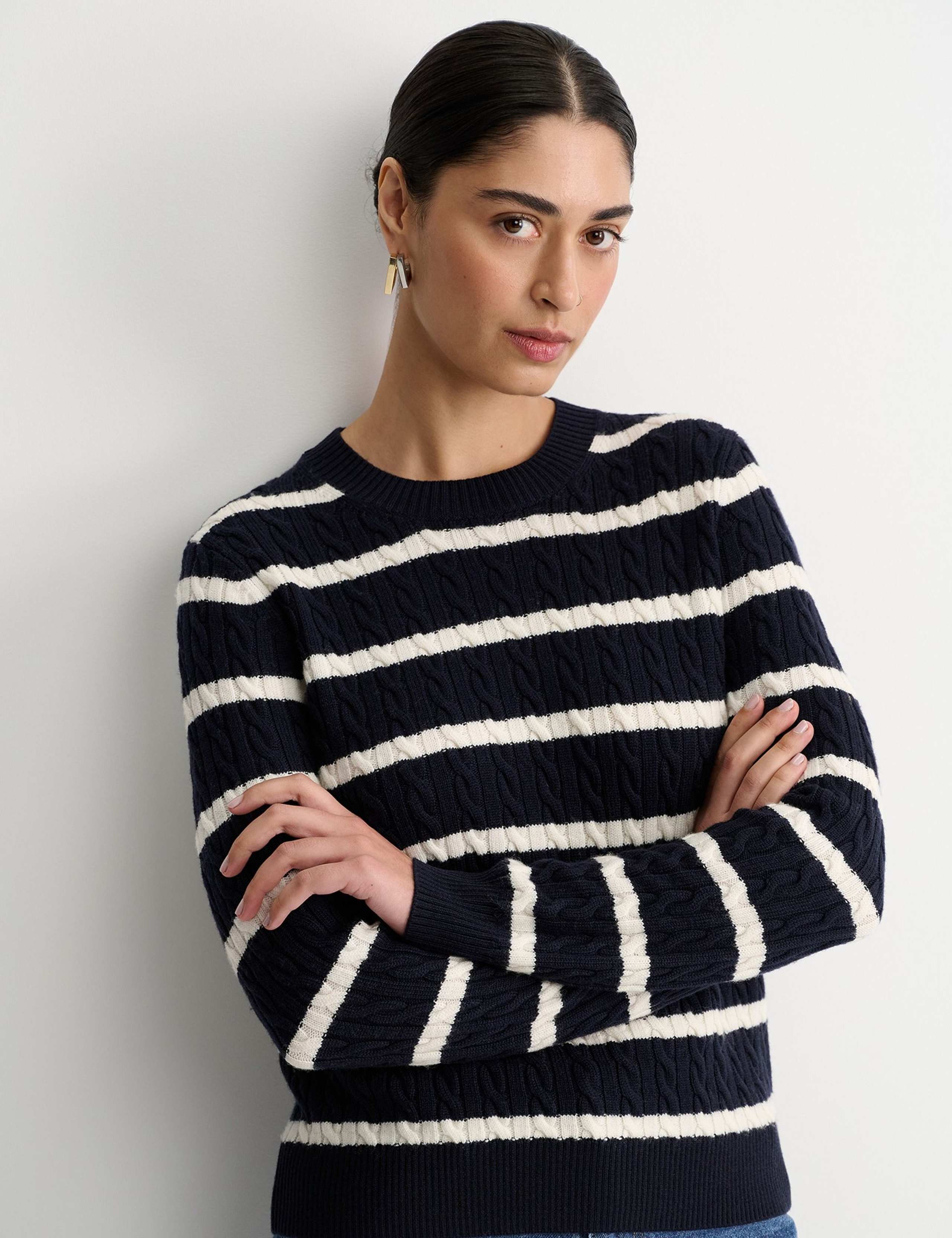 Pure Merino Wool Cable Knit Striped Jumper 4 of 5