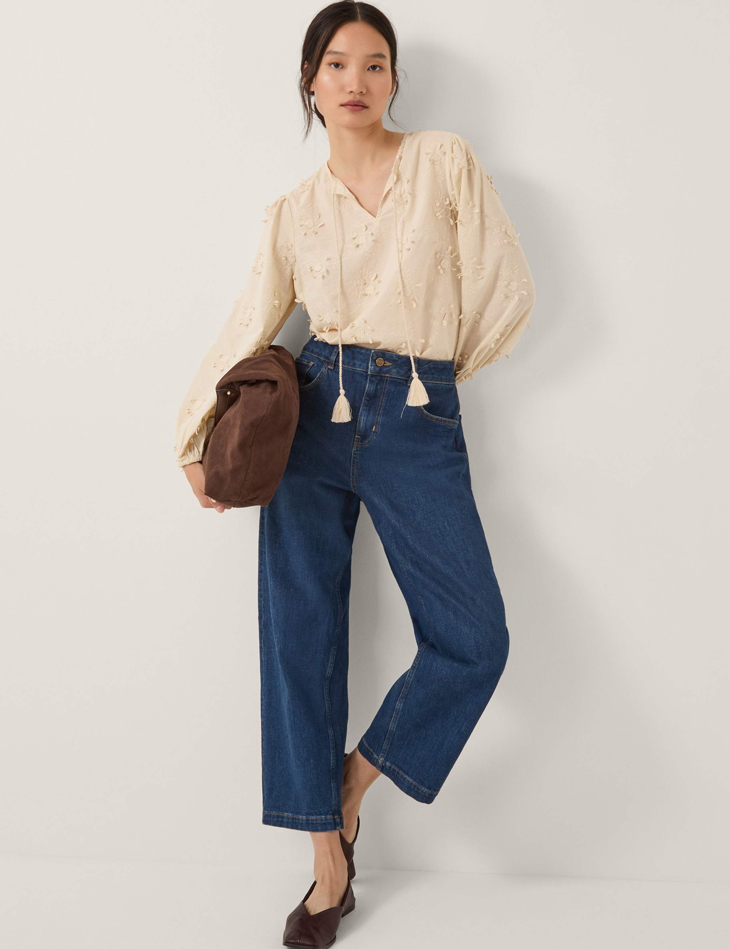 Pure Cotton Floral Applique Tie Neck Blouse 1 of 5