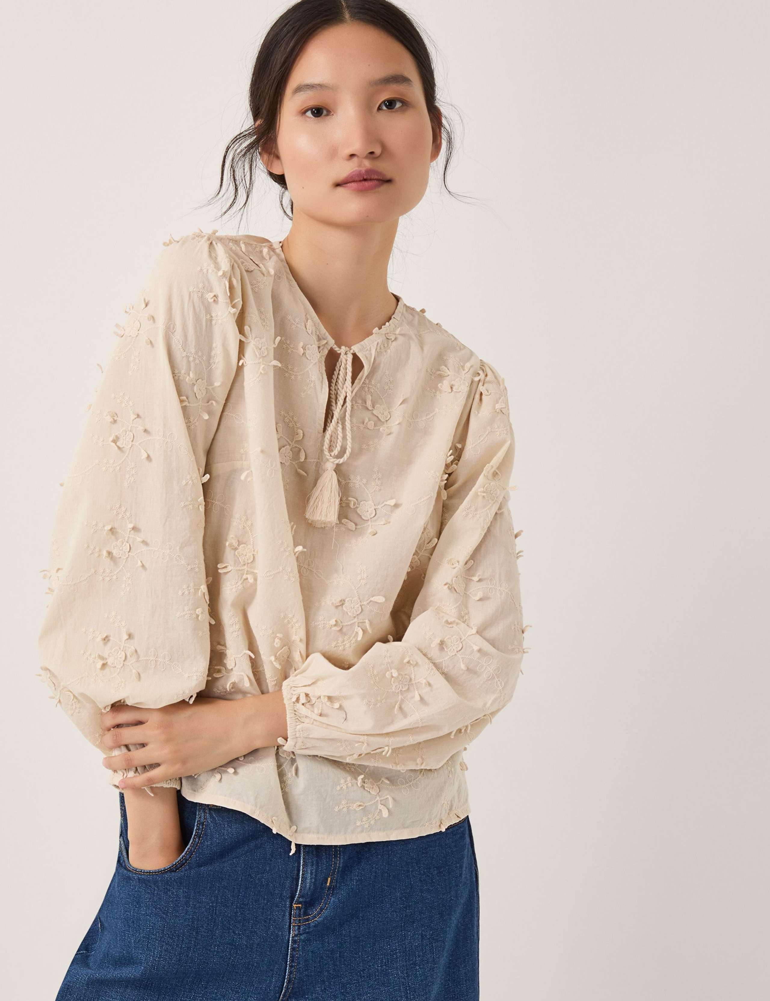 Pure Cotton Floral Applique Tie Neck Blouse 3 of 5