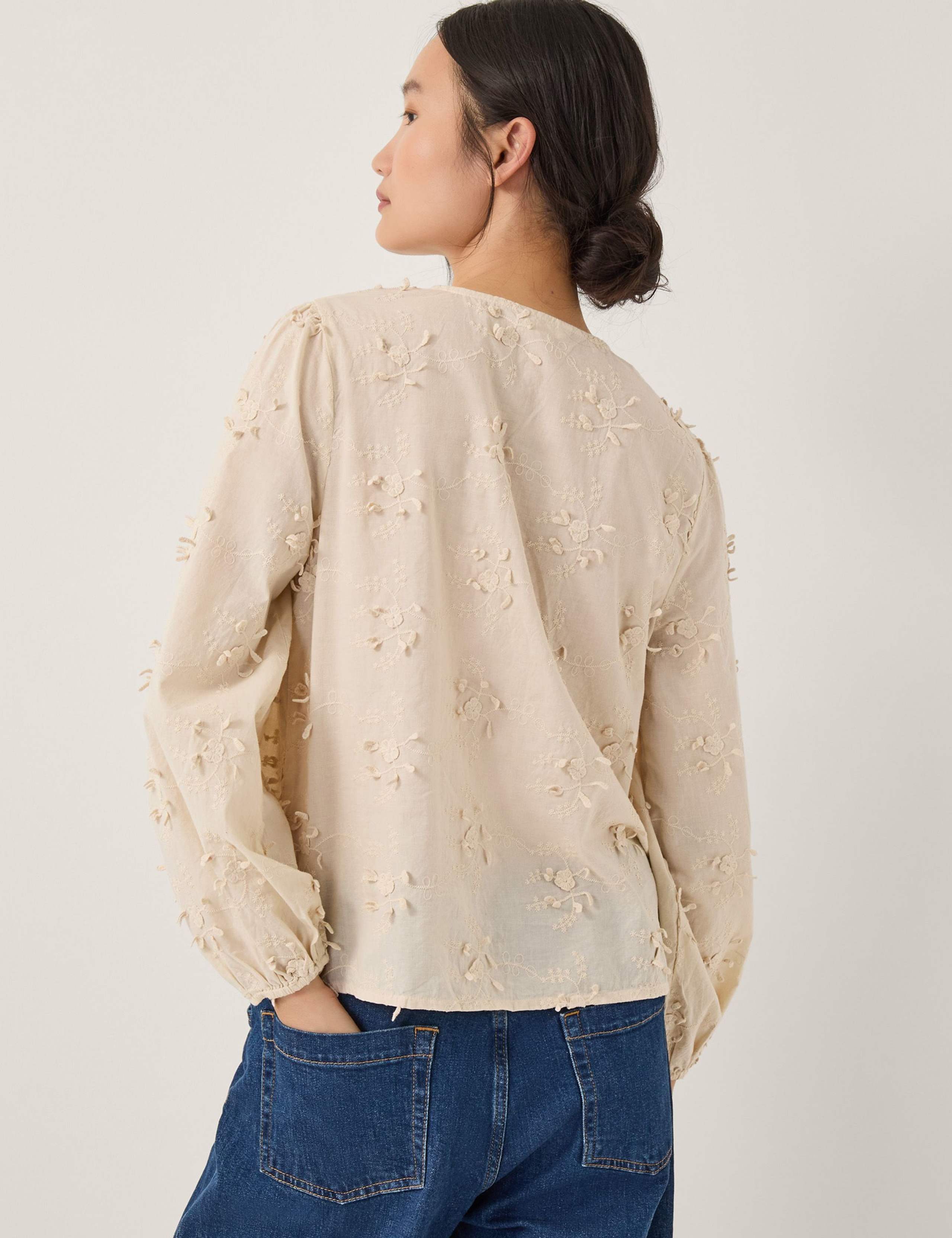 Pure Cotton Floral Applique Tie Neck Blouse 4 of 5