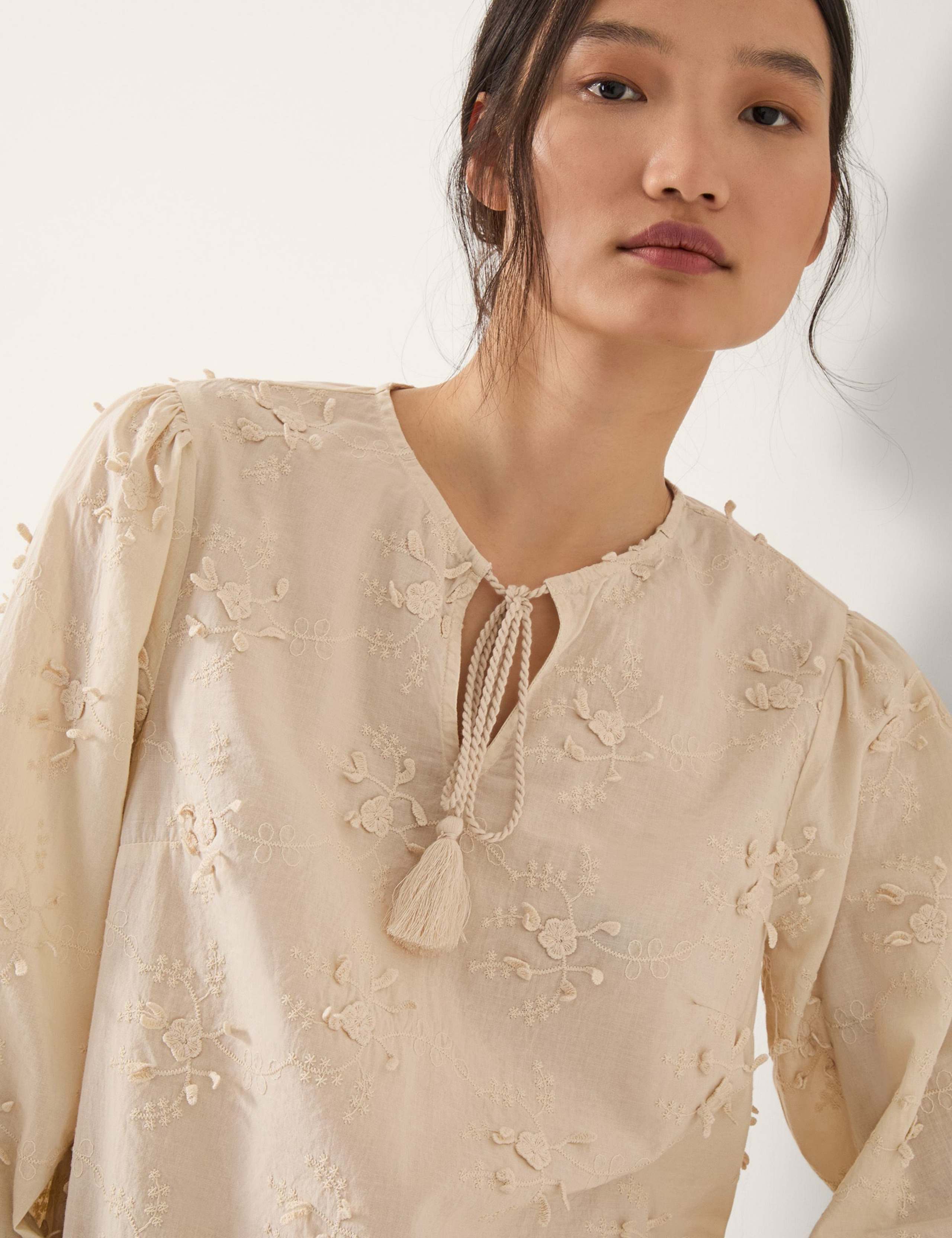 Pure Cotton Floral Applique Tie Neck Blouse 5 of 5