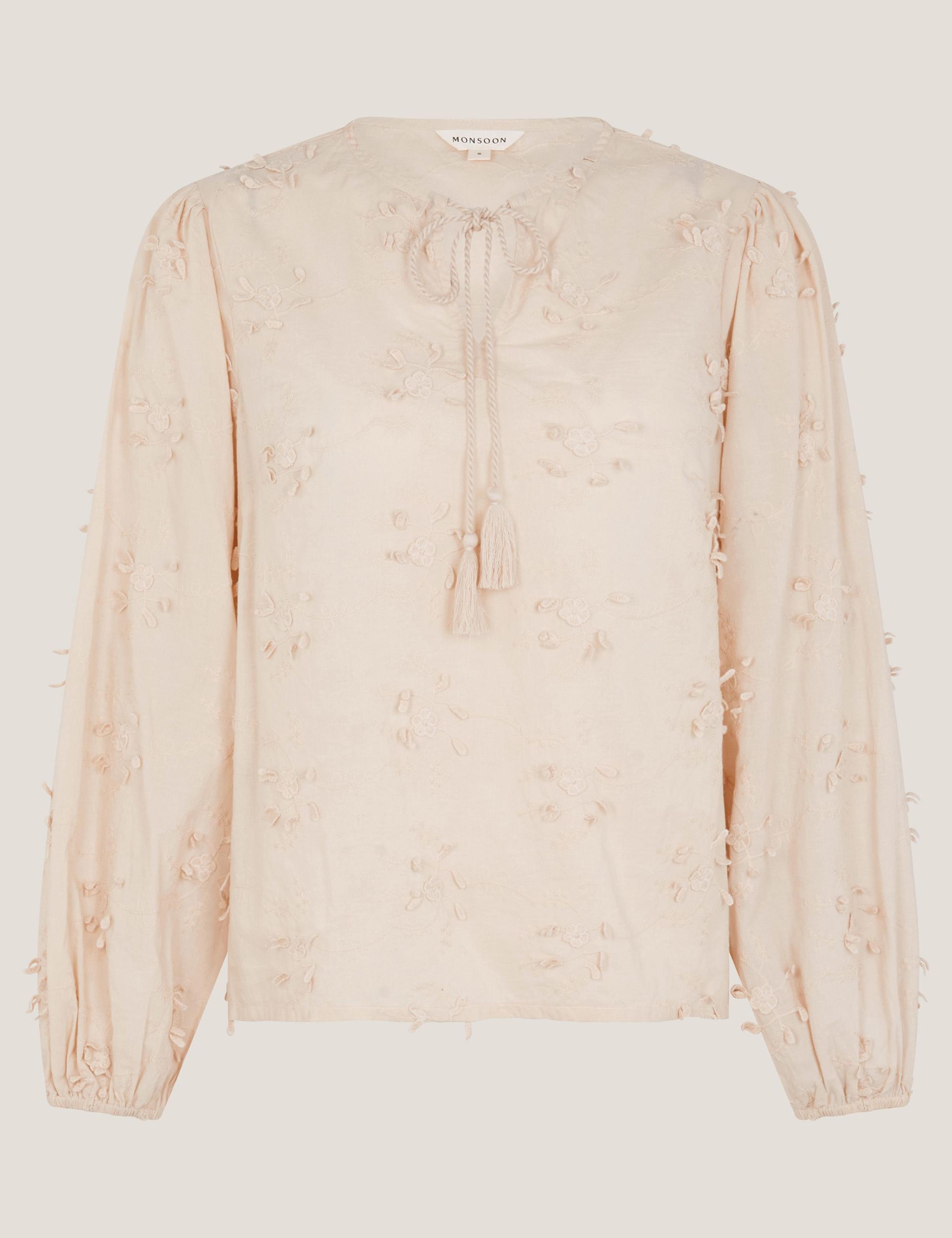 Pure Cotton Floral Applique Tie Neck Blouse 2 of 5