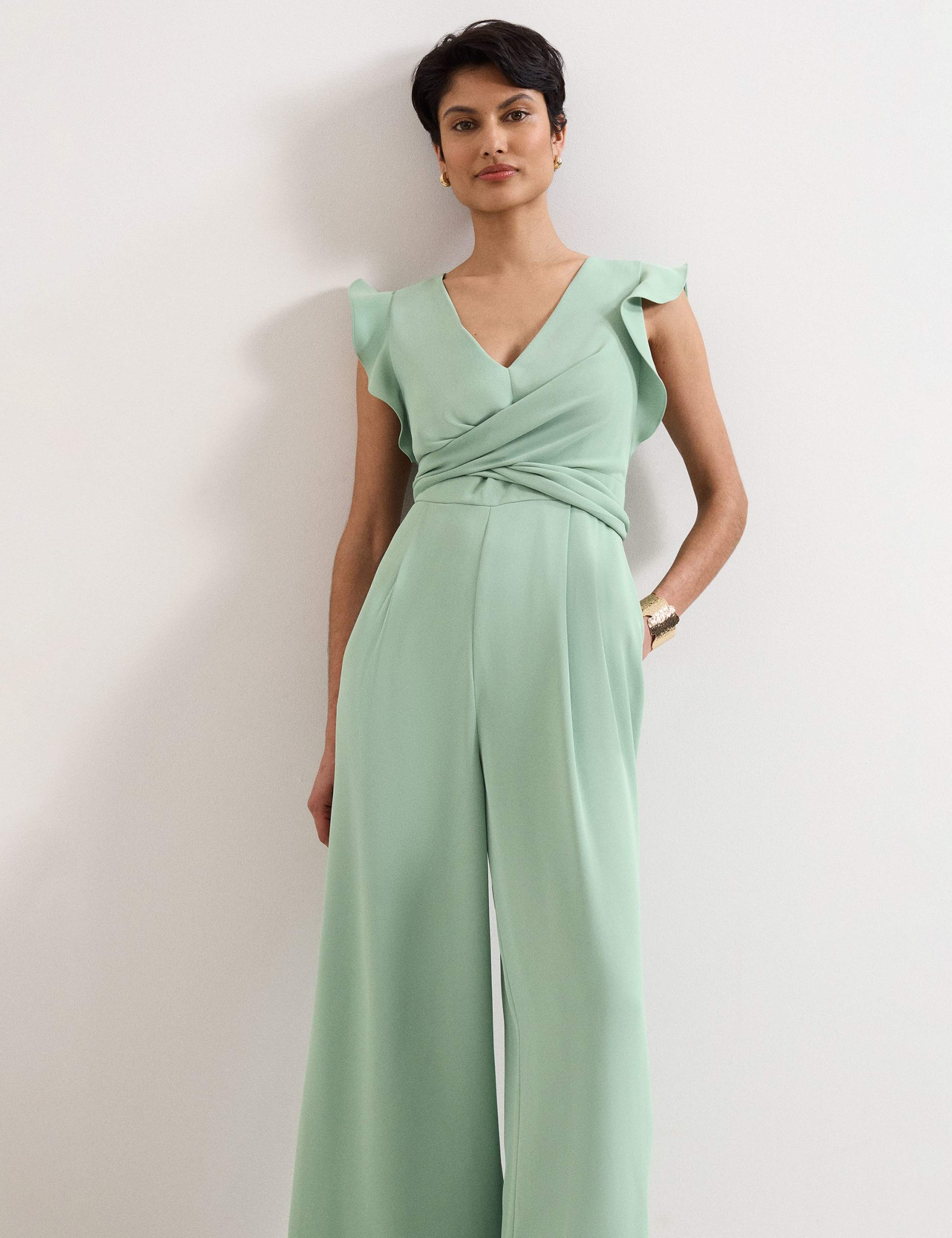 V-Neck Mock Wrap Tie Detail Wide Leg Jumpsuit 4 of 6