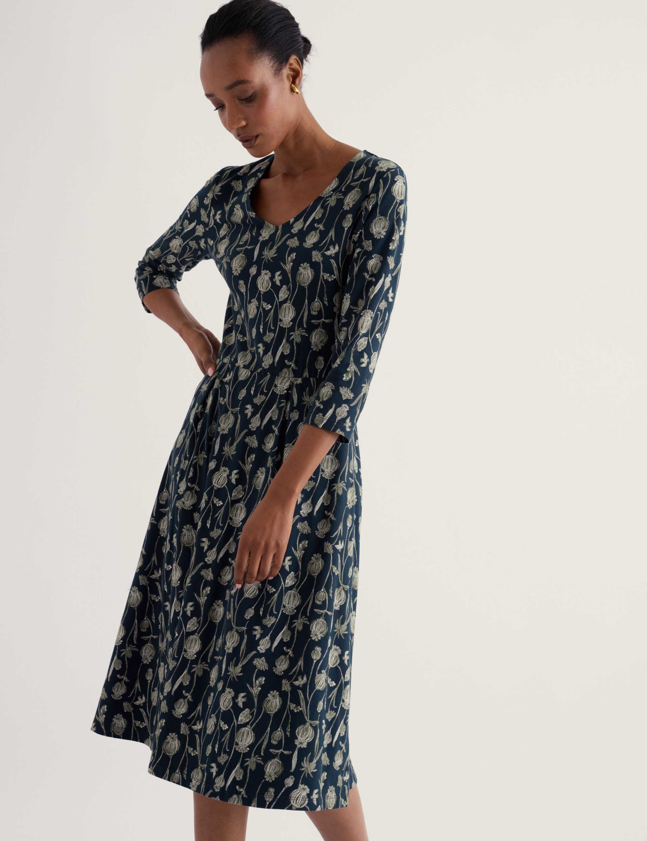 Cotton Rich Floral V-Neck Midi Waisted Dress 3 of 5