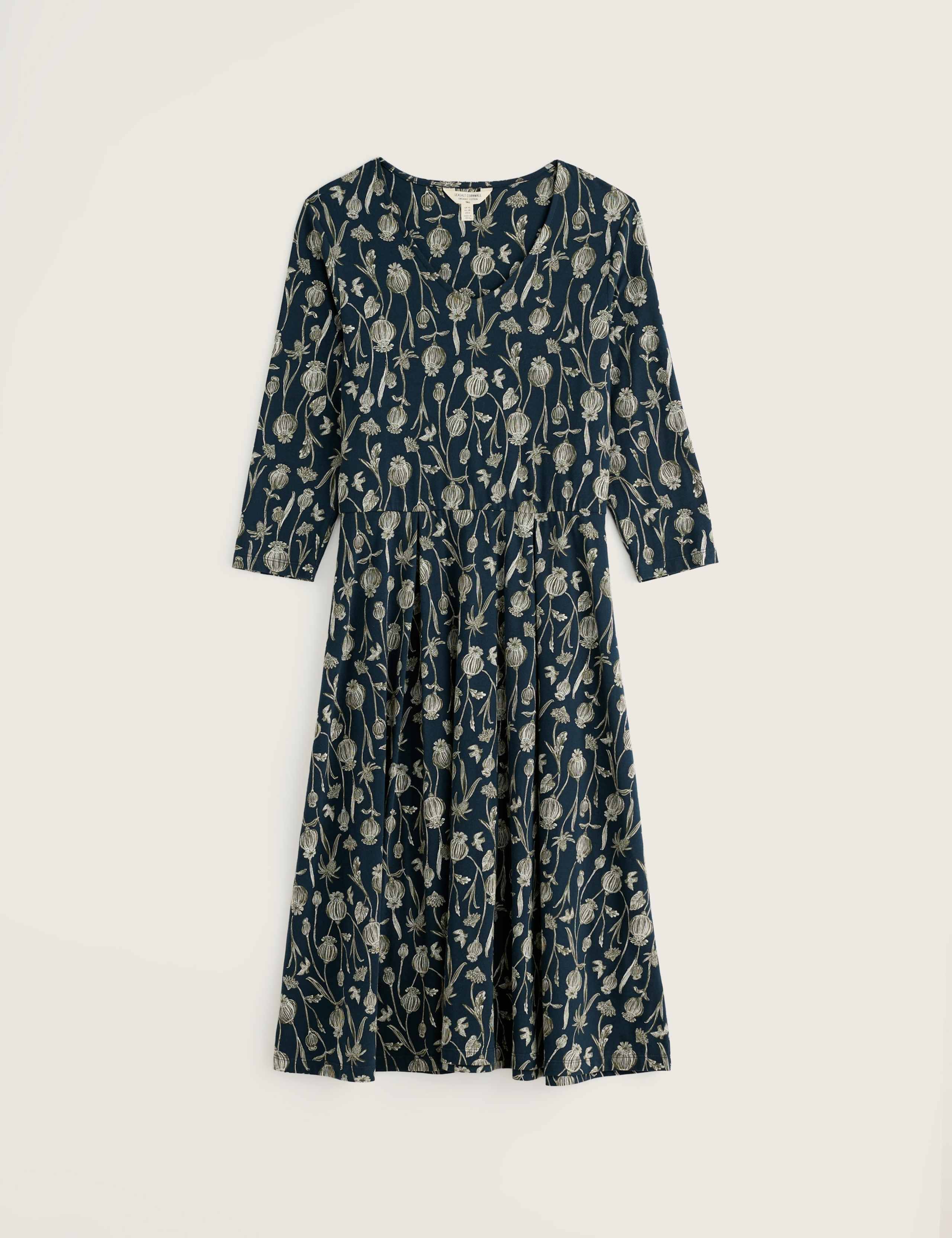 Cotton Rich Floral V-Neck Midi Waisted Dress 2 of 5