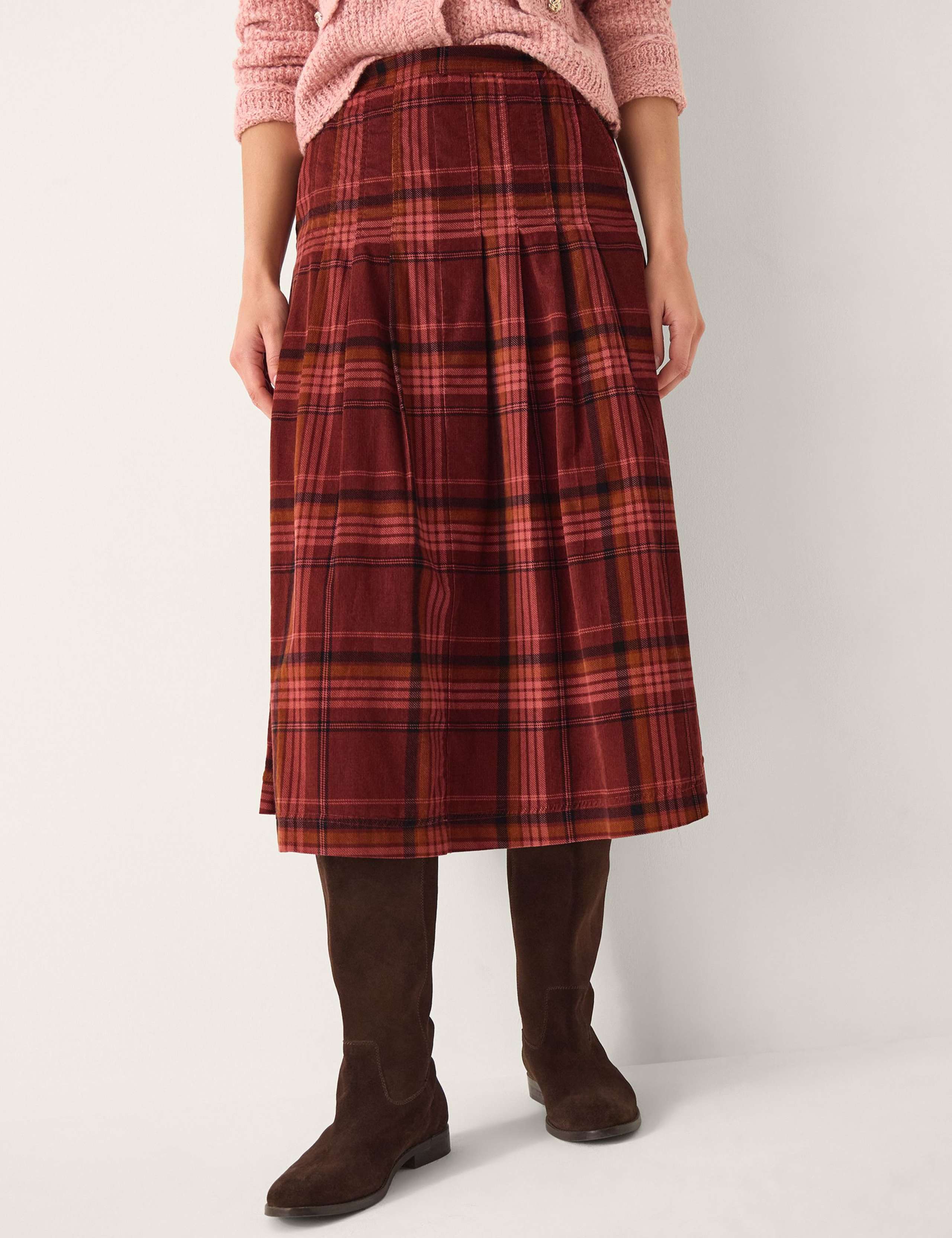 Pure Cotton Checked Pleated Midi Skirt 2 of 4
