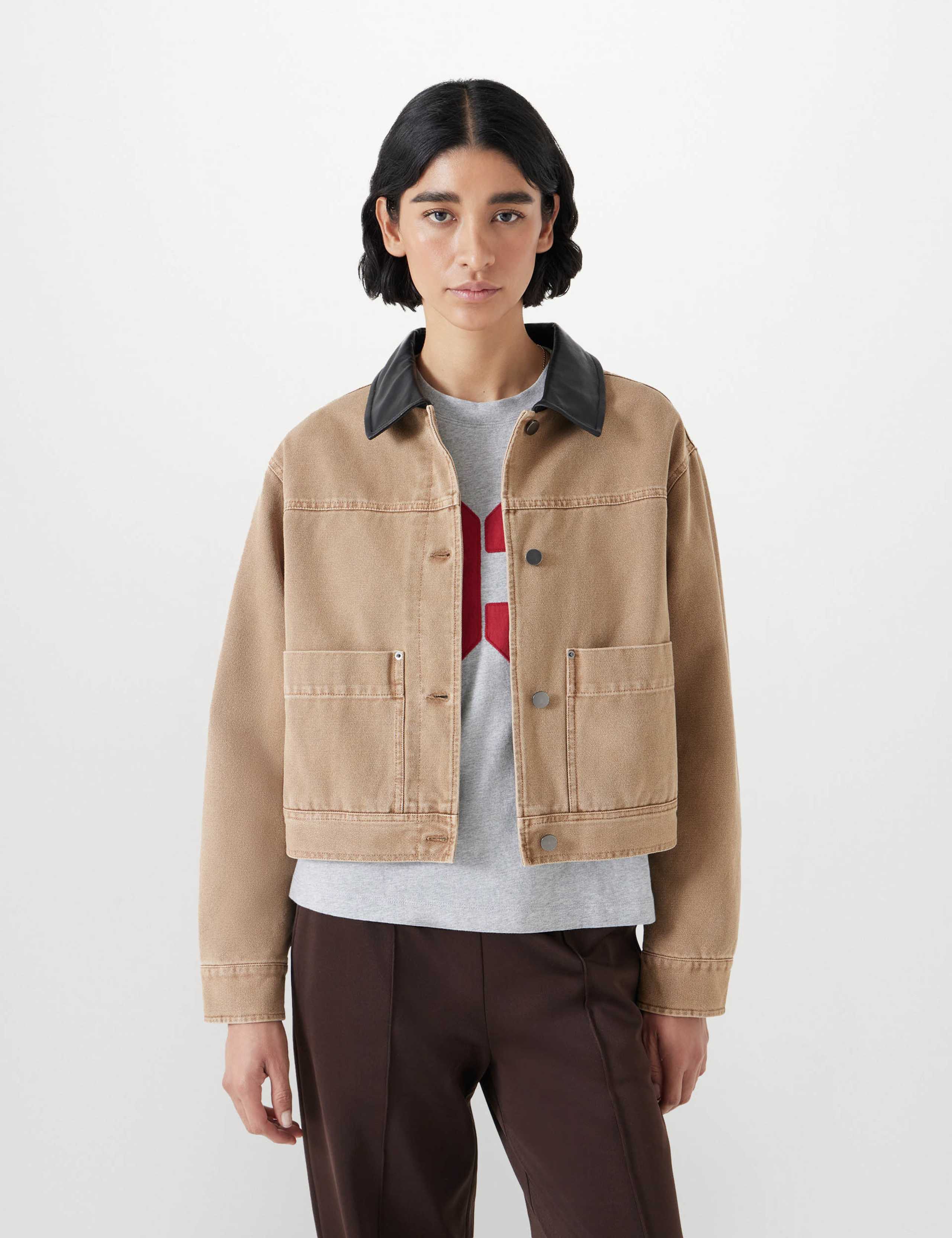 Pure Cotton Leather Collar Cropped Jacket 3 of 5