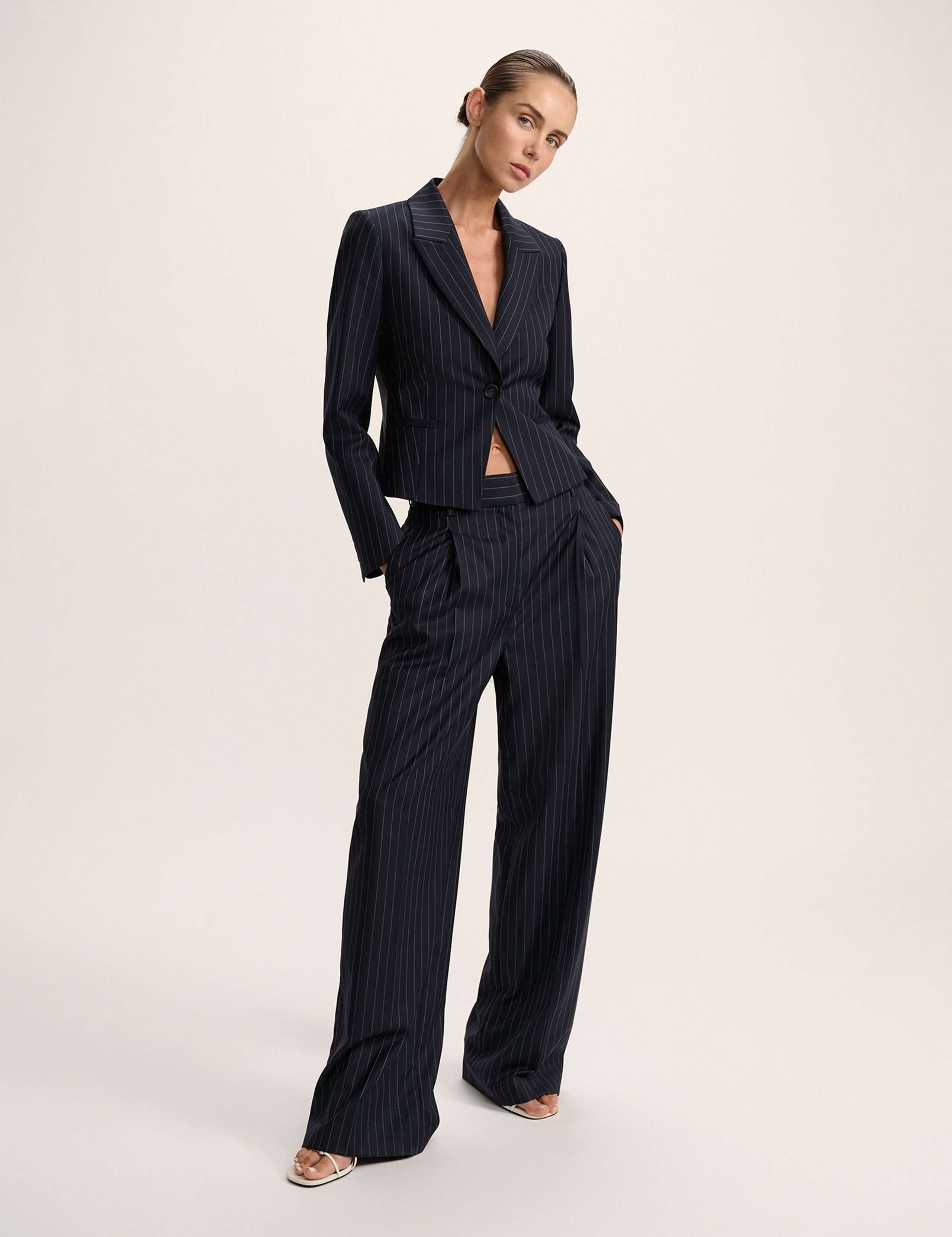 Wool Blend Tailored Pinstripe Cropped Blazer 2 of 5