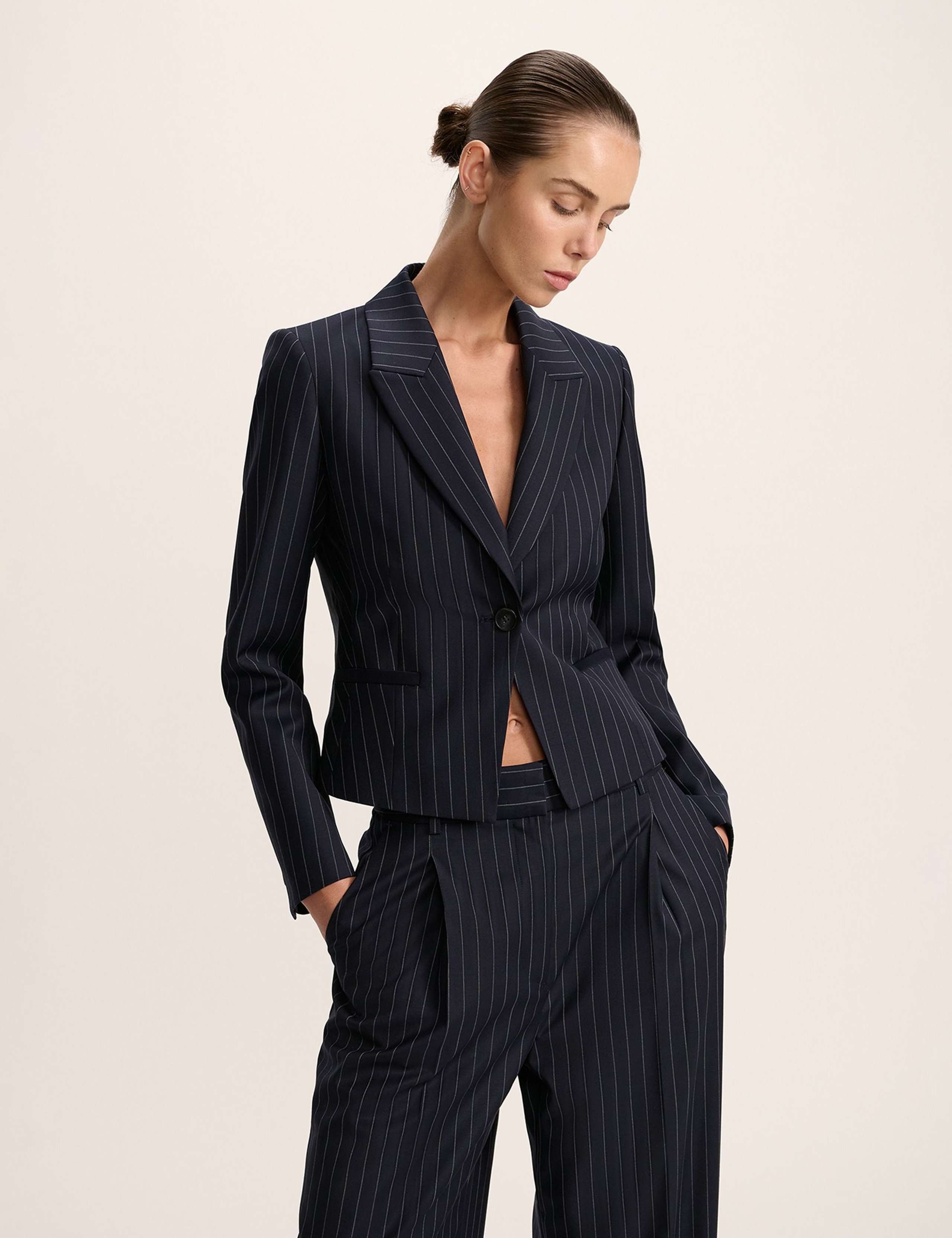 Wool Blend Tailored Pinstripe Cropped Blazer 3 of 5