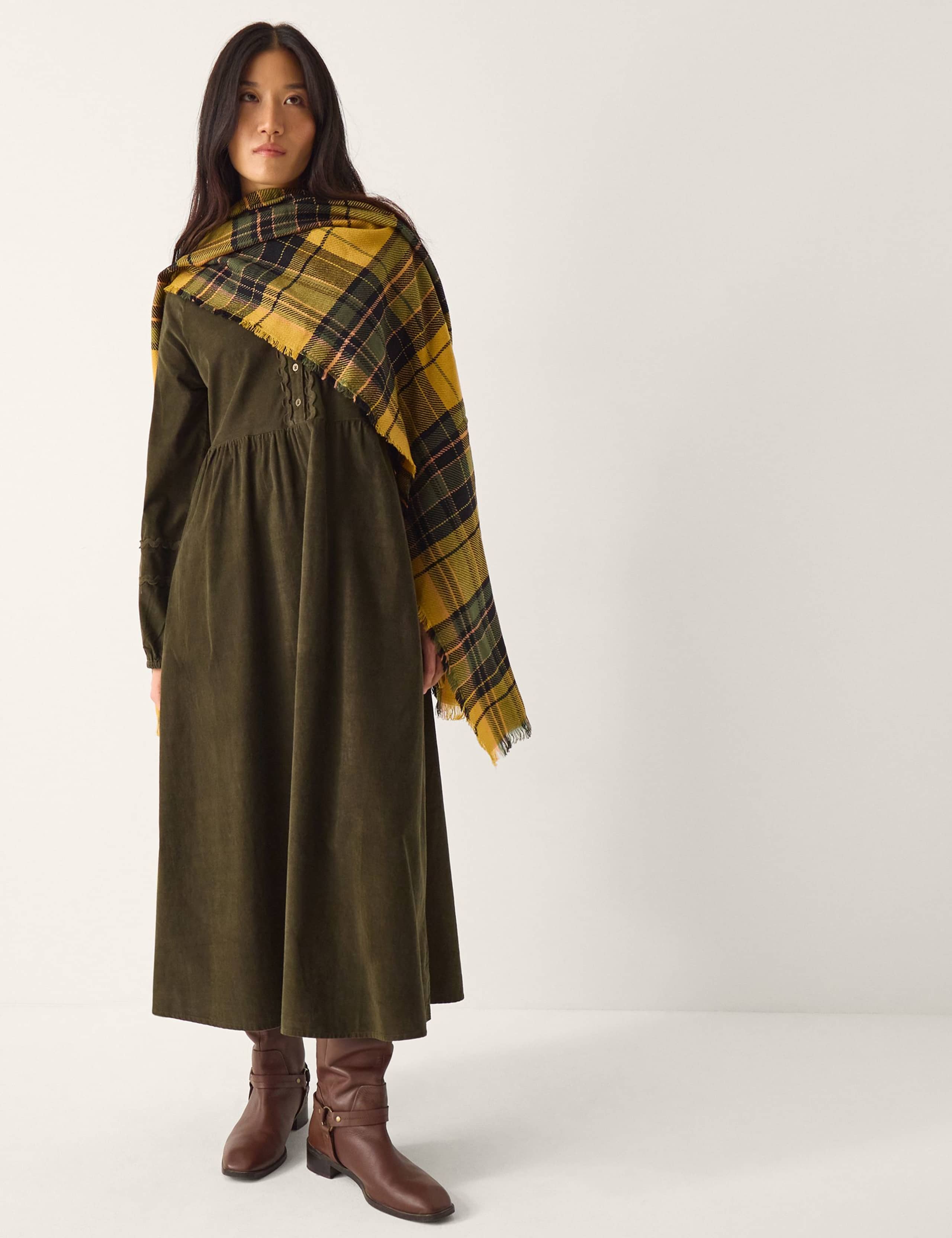 Cord V-Neck Midi Waisted Dress 1 of 4