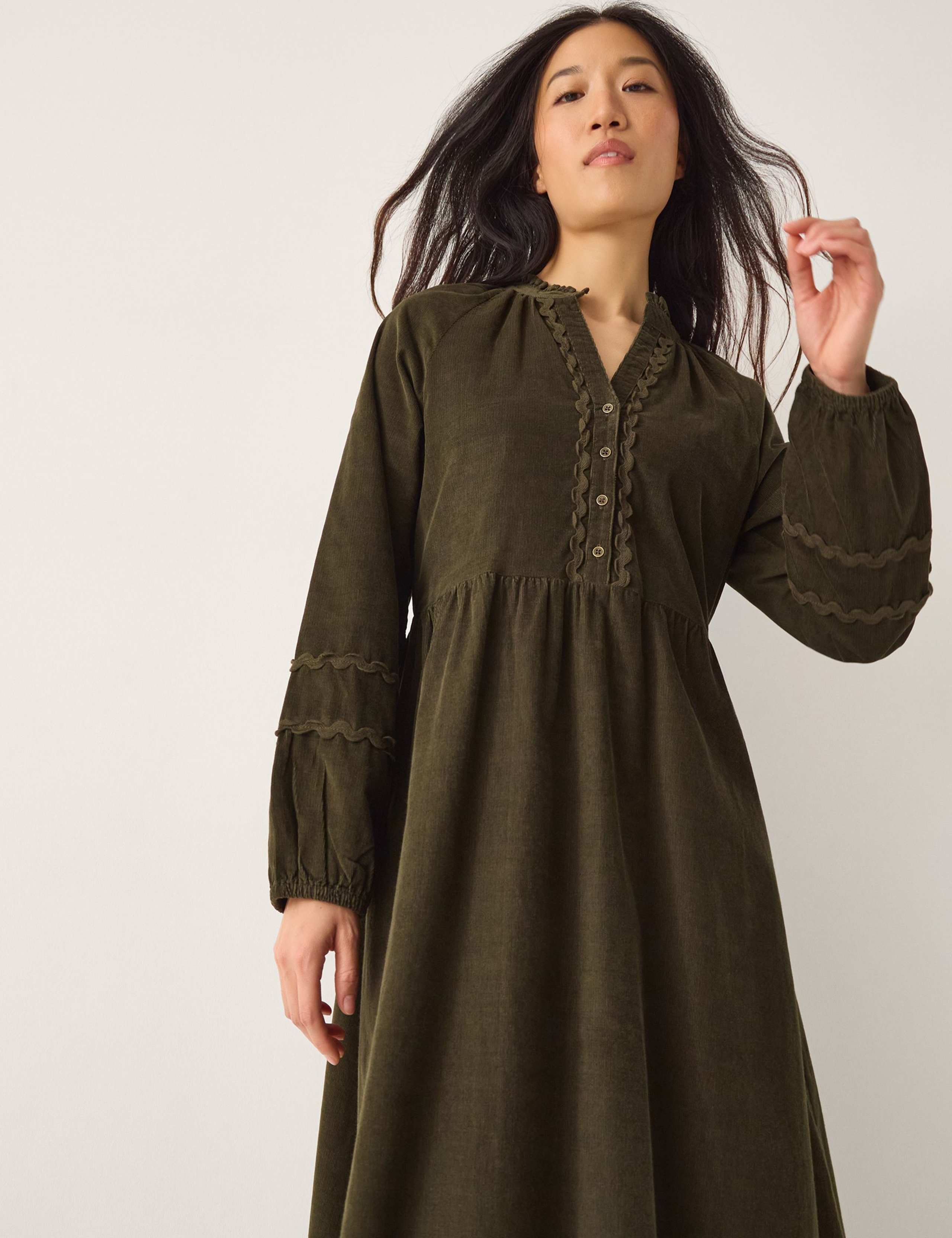 Cord V-Neck Midi Waisted Dress 3 of 4