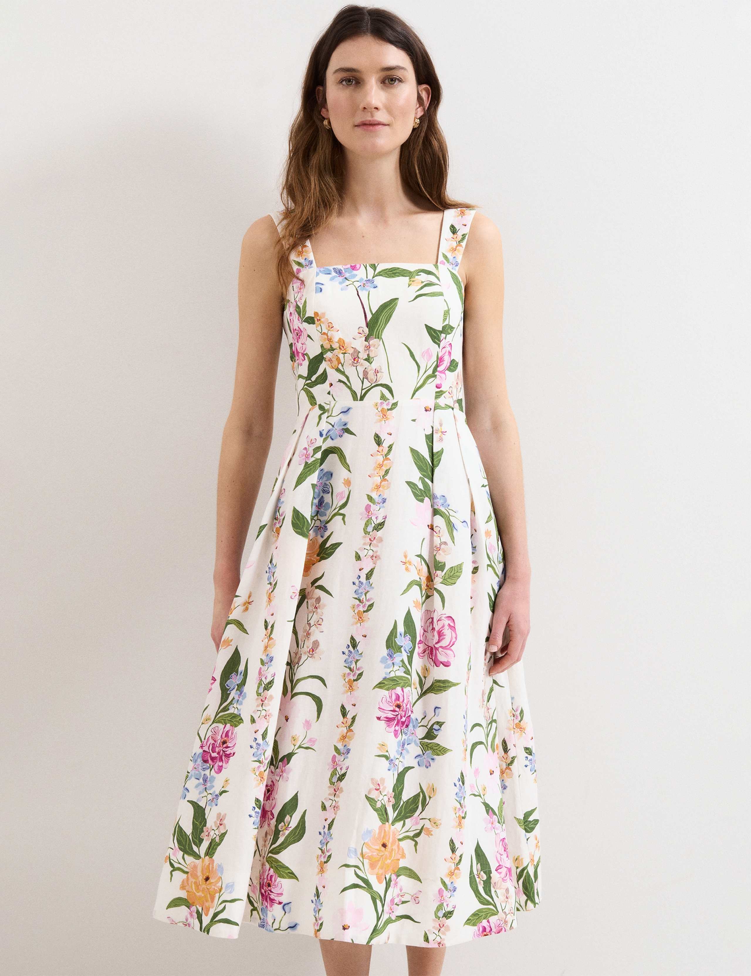 Linen Rich Floral Square Neck Skater Dress 1 of 6