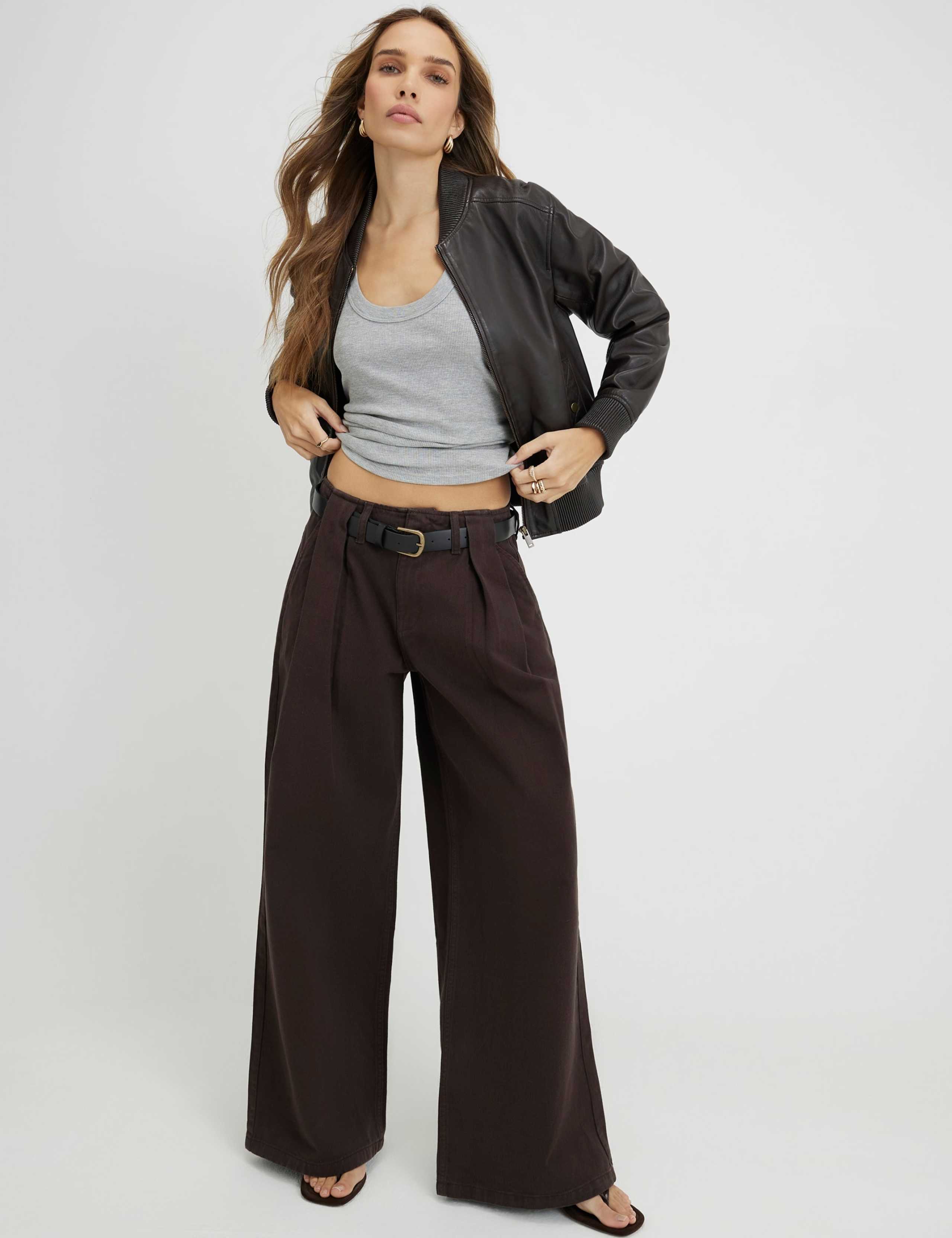 High Waisted Belted Pleated Wide Leg Jeans 1 of 4