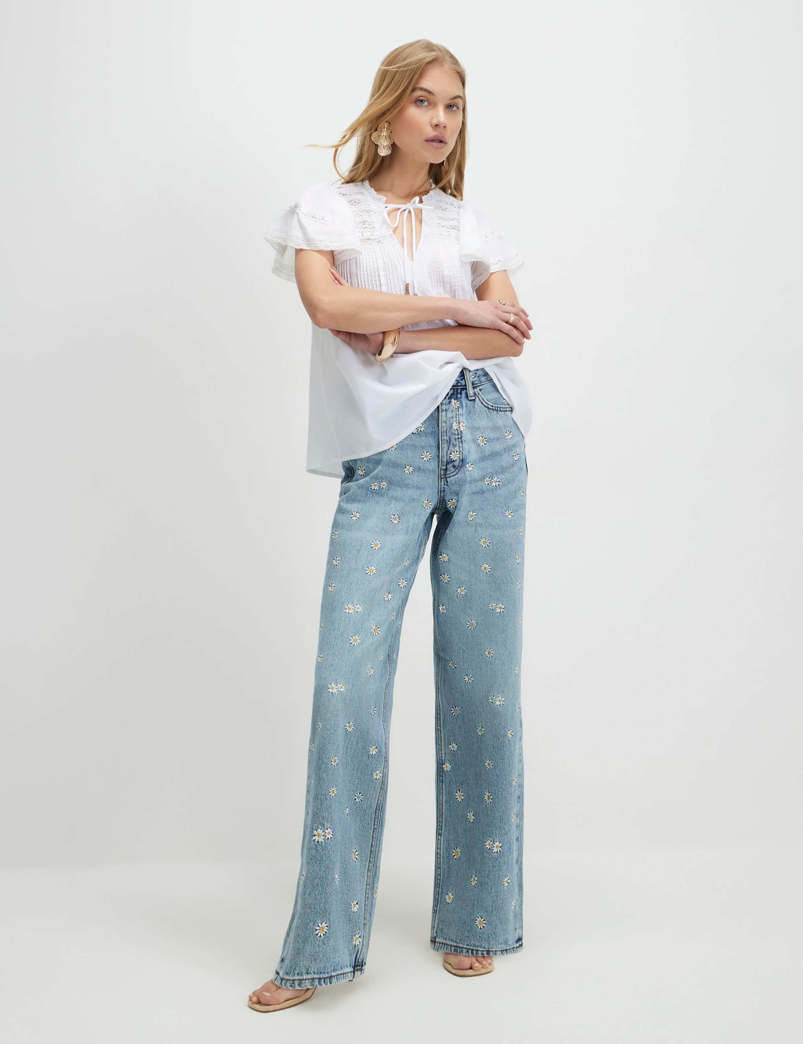 Relaxed Daisy Embroidered Straight Leg Jeans 1 of 4