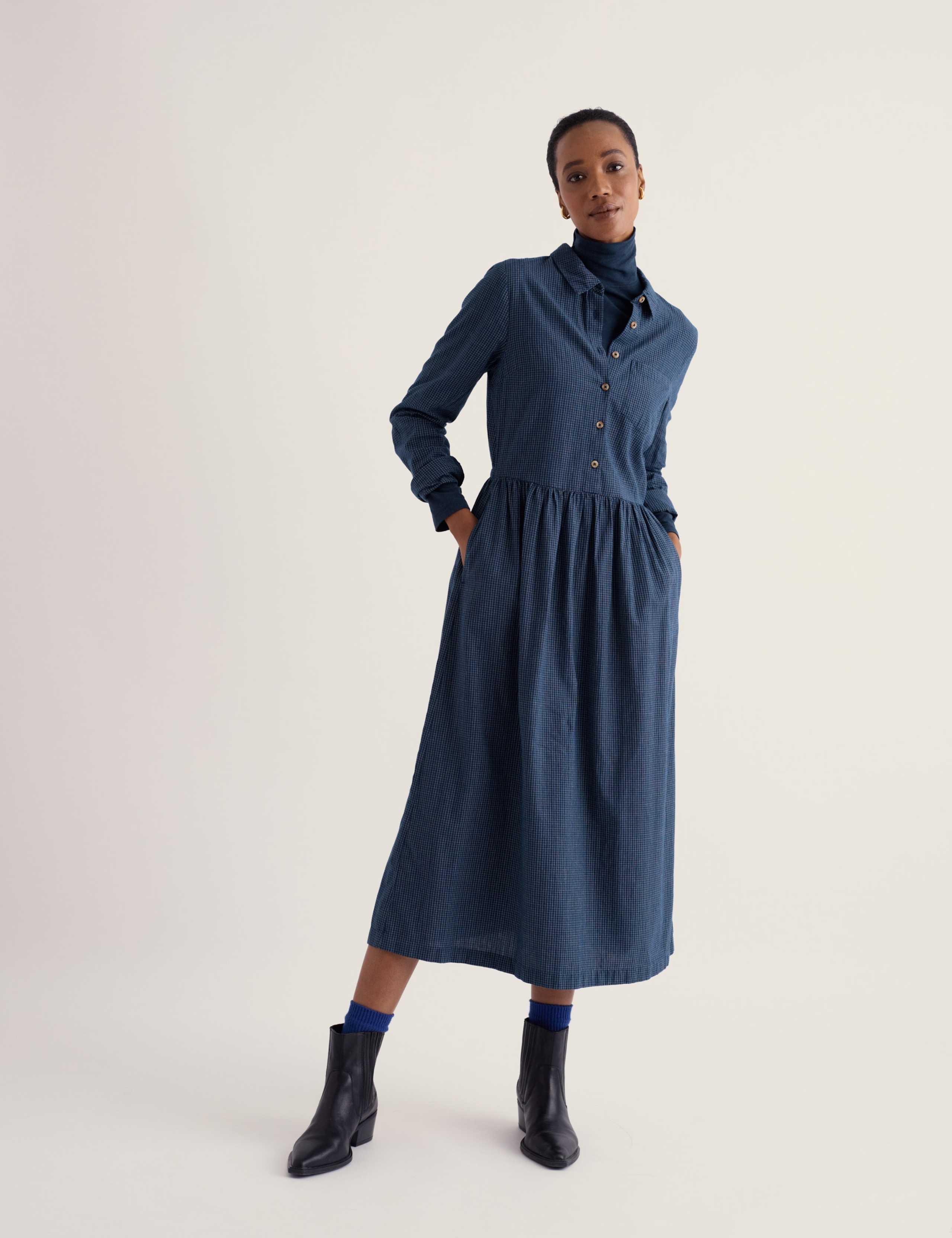 Pure Cotton Checked Midi Waisted Dress 4 of 6