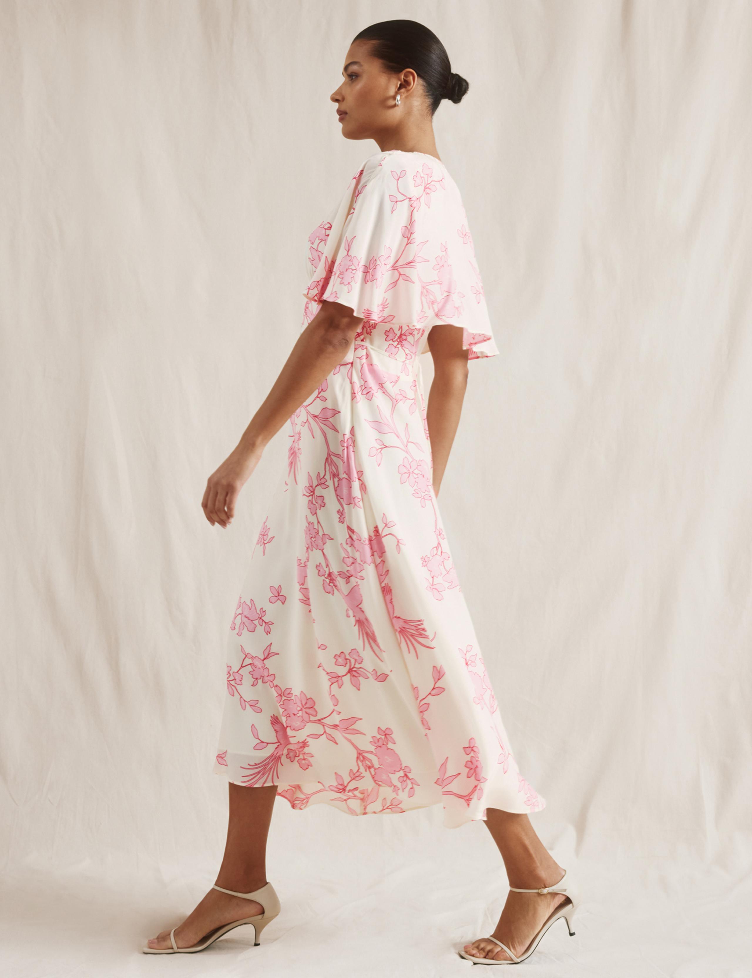 Floral V-Neck Kimono Cape Detail Midi Dress 4 of 6