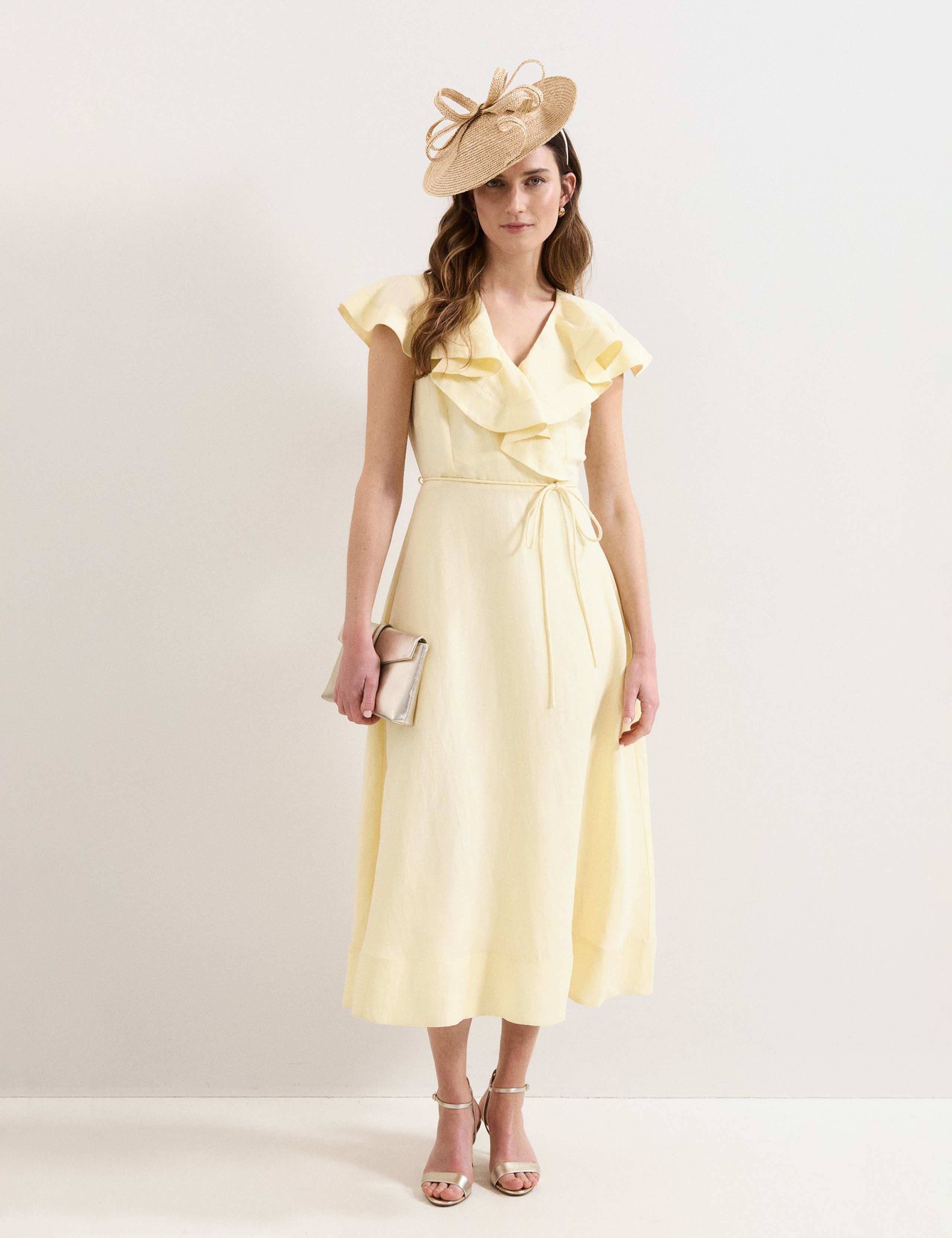 Linen Rich V-Neck Midi Waisted Dress 1 of 6