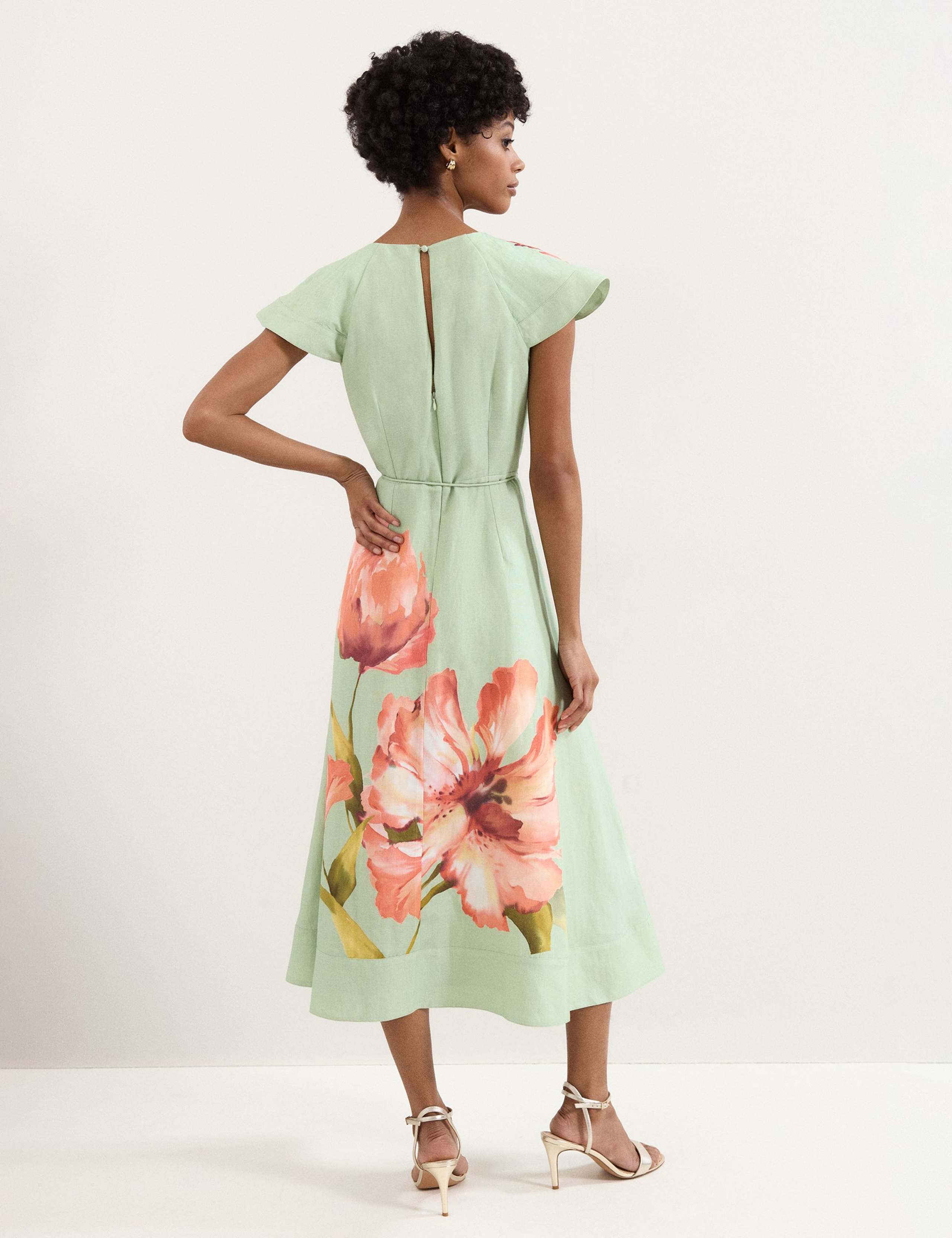 Linen Rich Floral V-Neck Midi Waisted Dress 3 of 7
