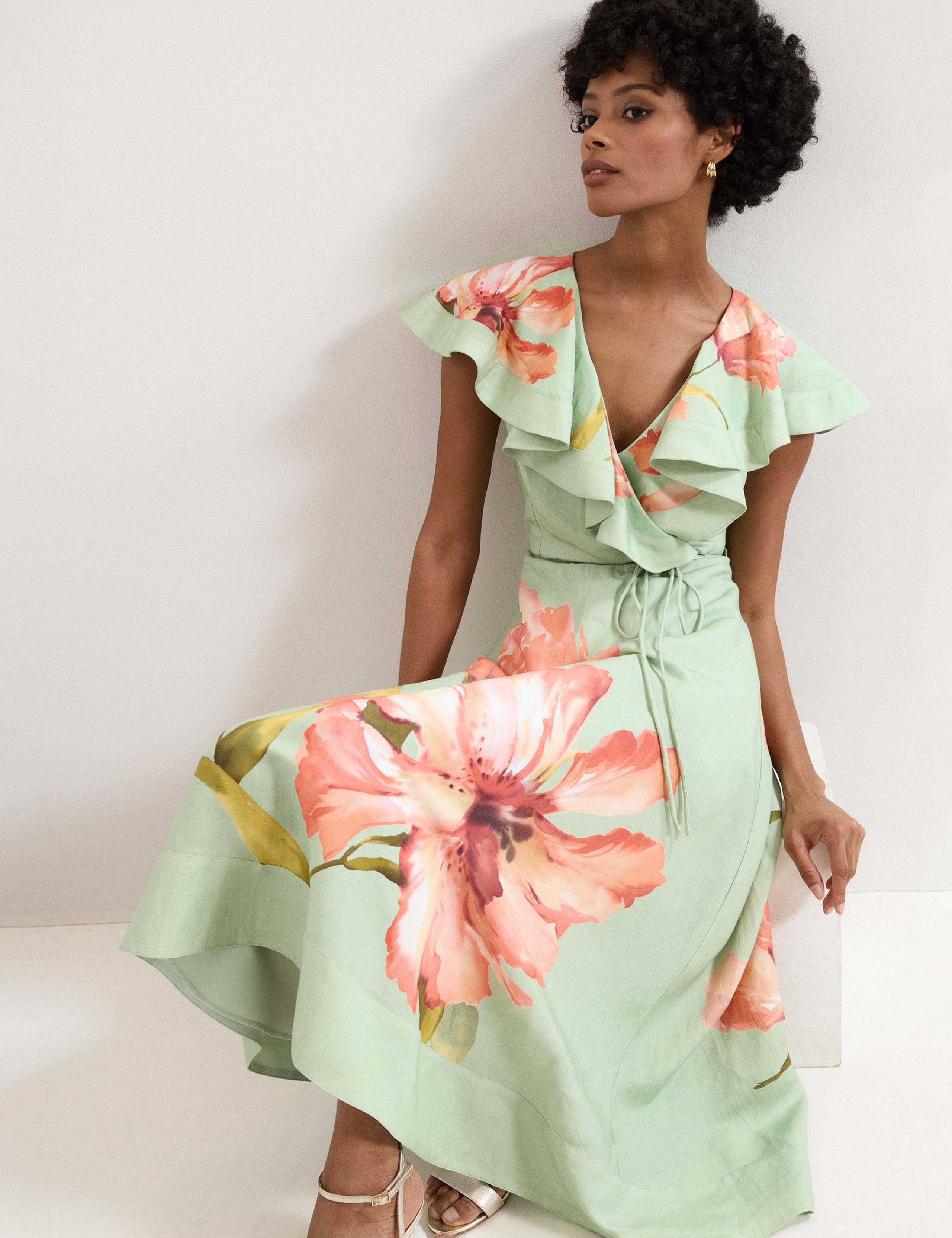 Linen Rich Floral V-Neck Midi Waisted Dress 4 of 7