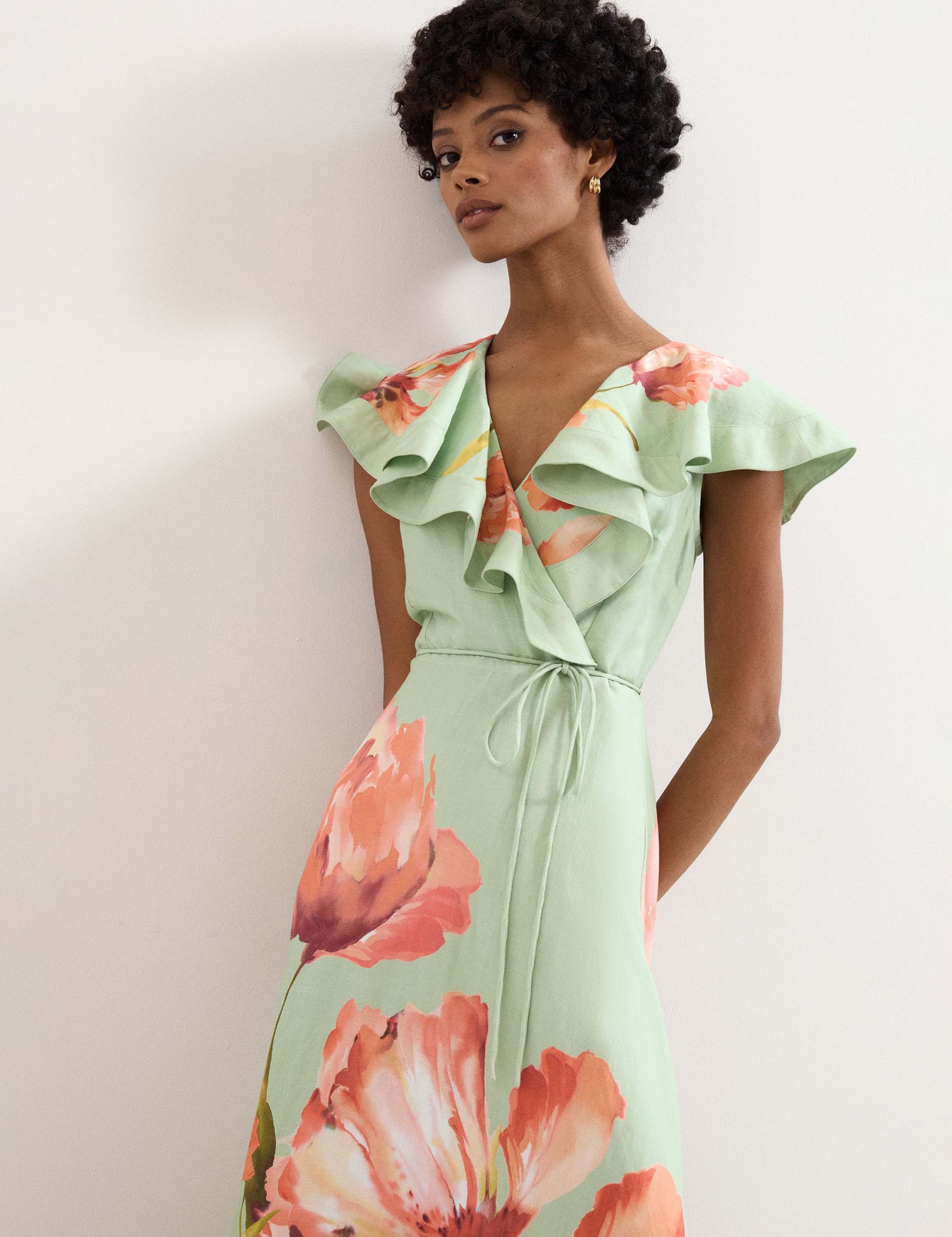 Linen Rich Floral V-Neck Midi Waisted Dress 5 of 7