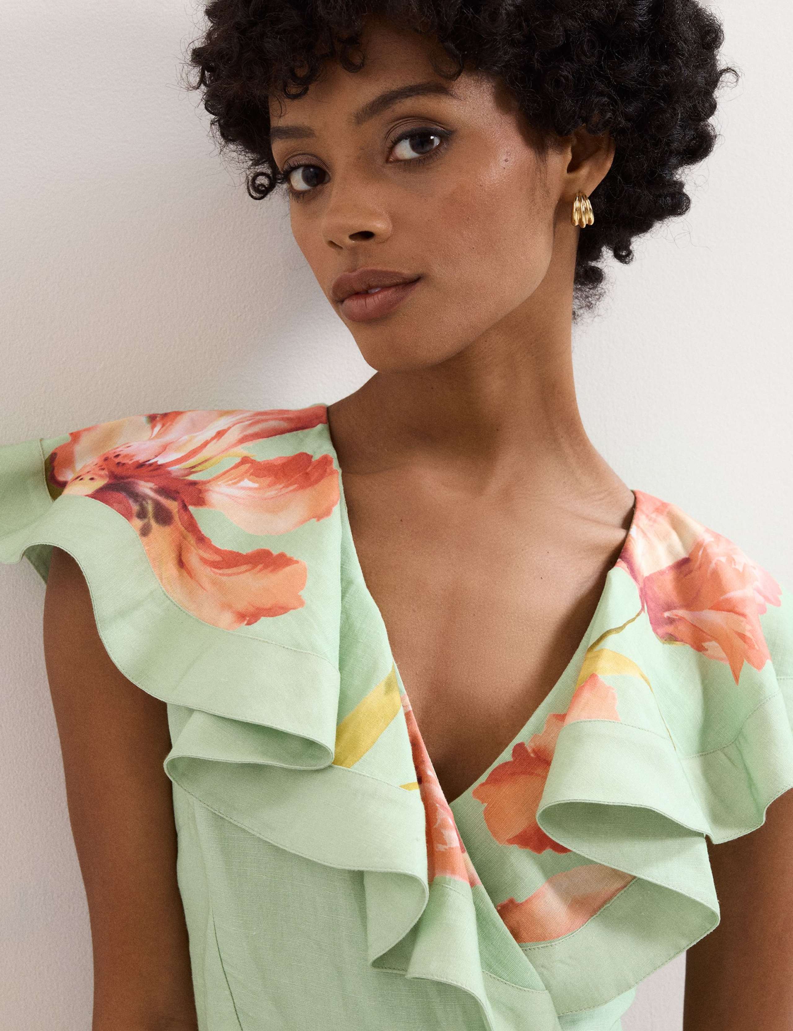 Linen Rich Floral V-Neck Midi Waisted Dress 6 of 7