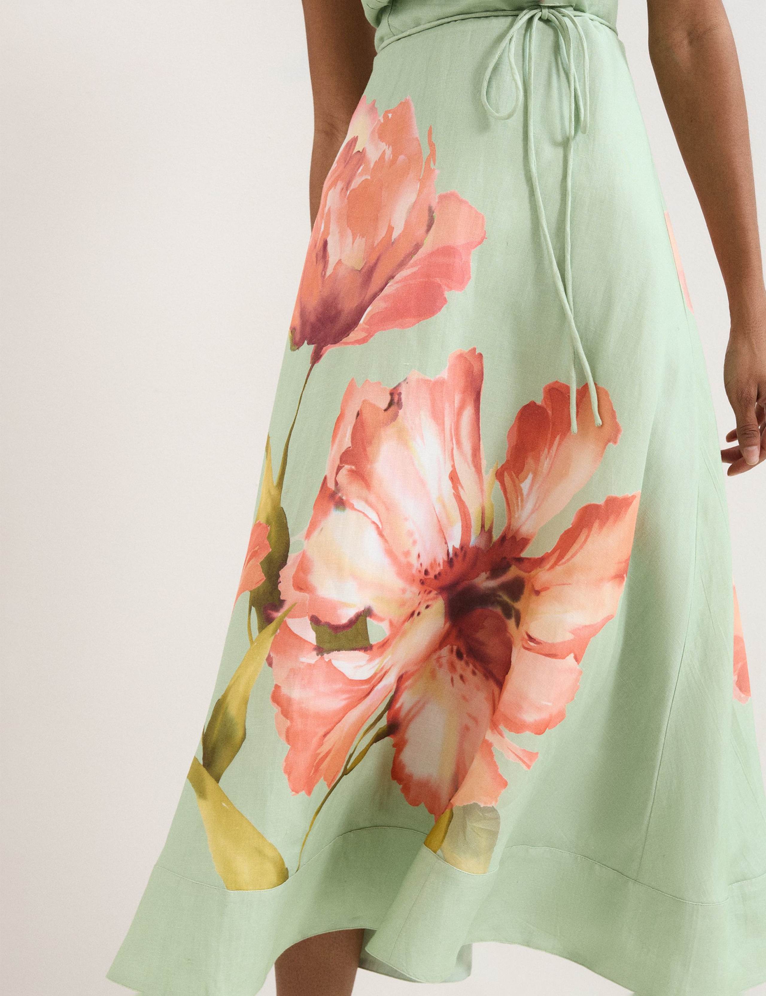 Linen Rich Floral V-Neck Midi Waisted Dress 7 of 7