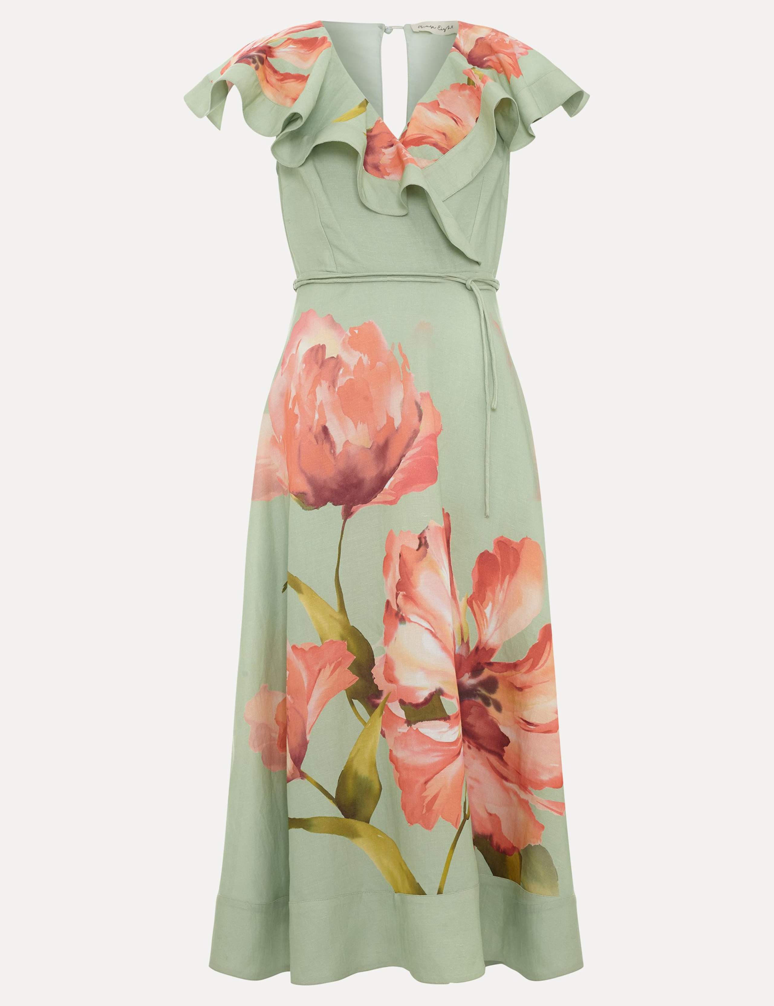 Linen Rich Floral V-Neck Midi Waisted Dress 2 of 7