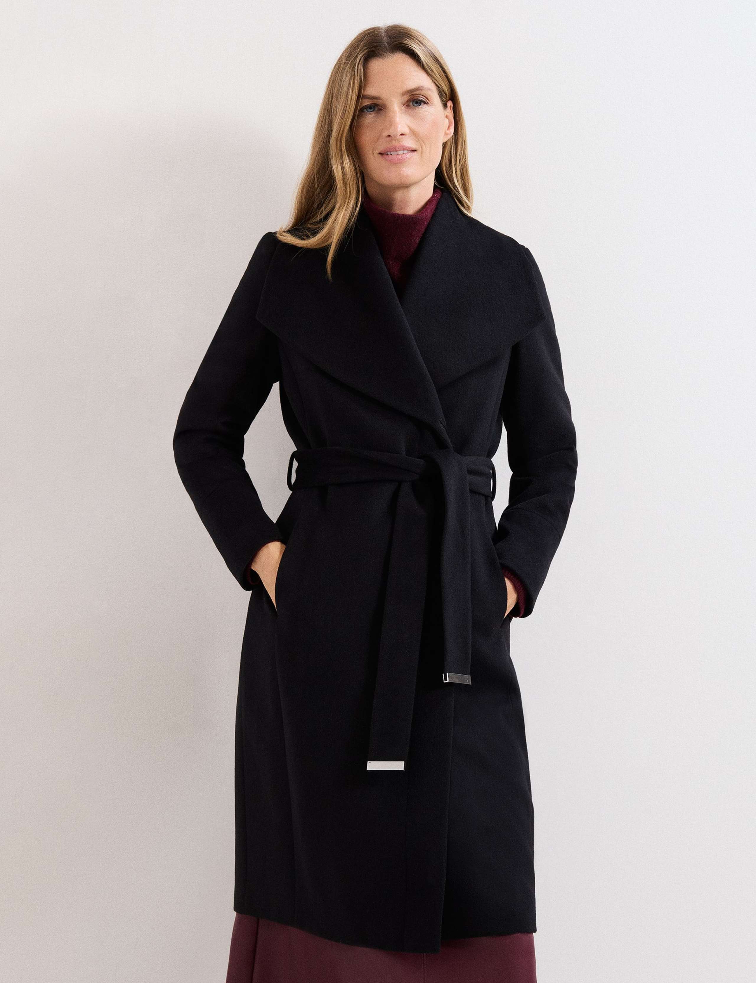 Wool Rich Belted Collared Longline Wrap Coat 1 of 7