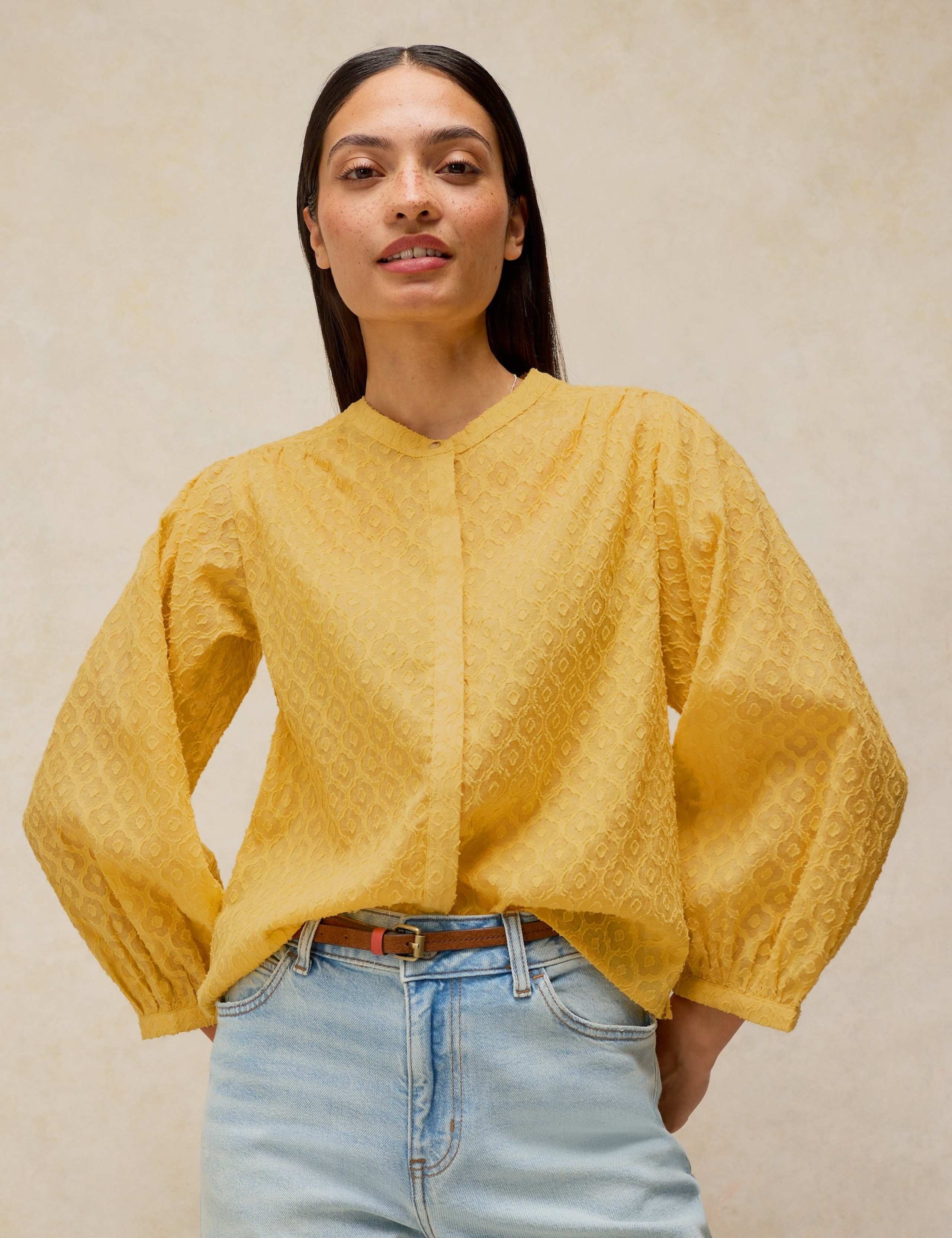 Cotton Rich Jacquard Blouson Sleeve Blouse 1 of 6