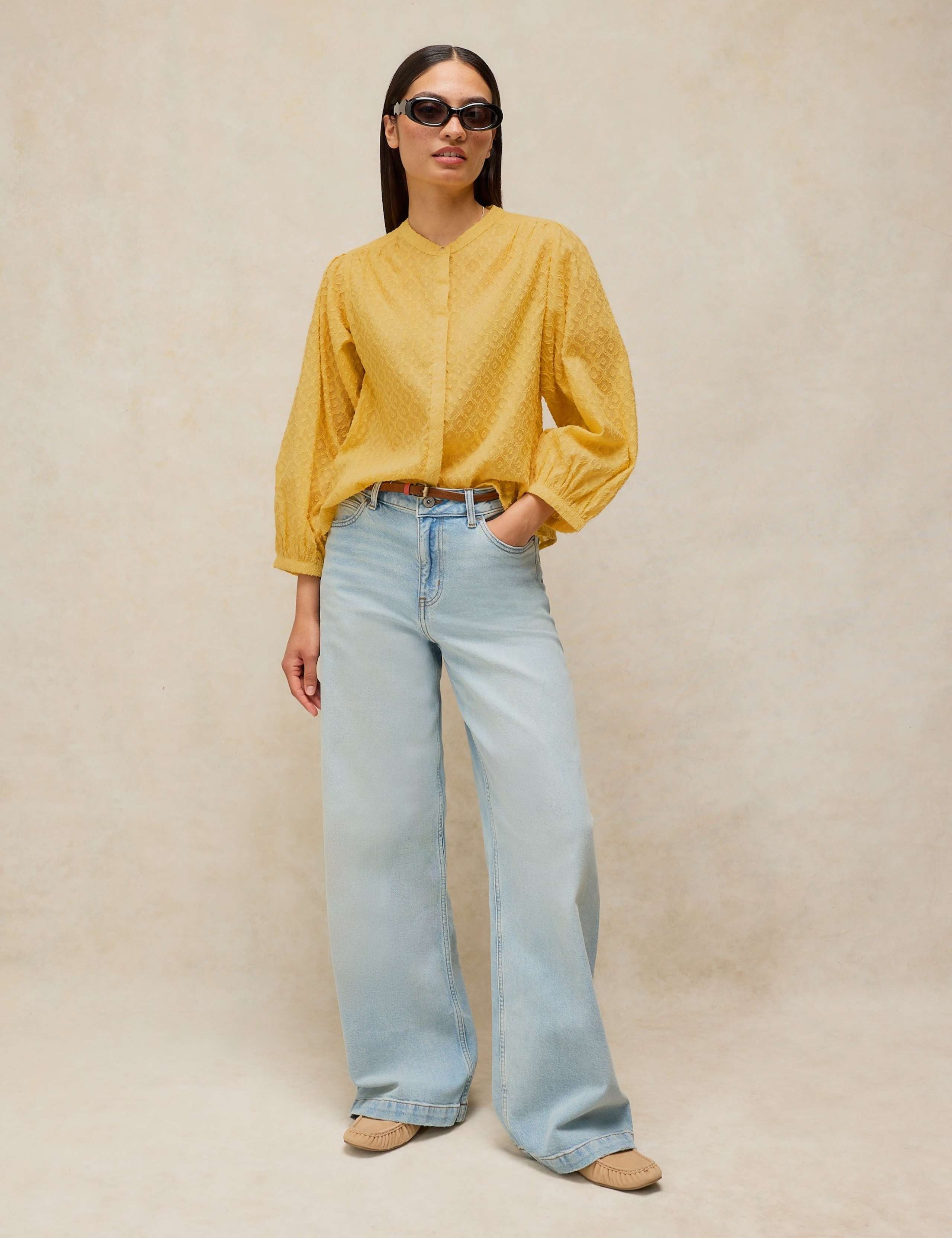 Cotton Rich Jacquard Blouson Sleeve Blouse 3 of 6