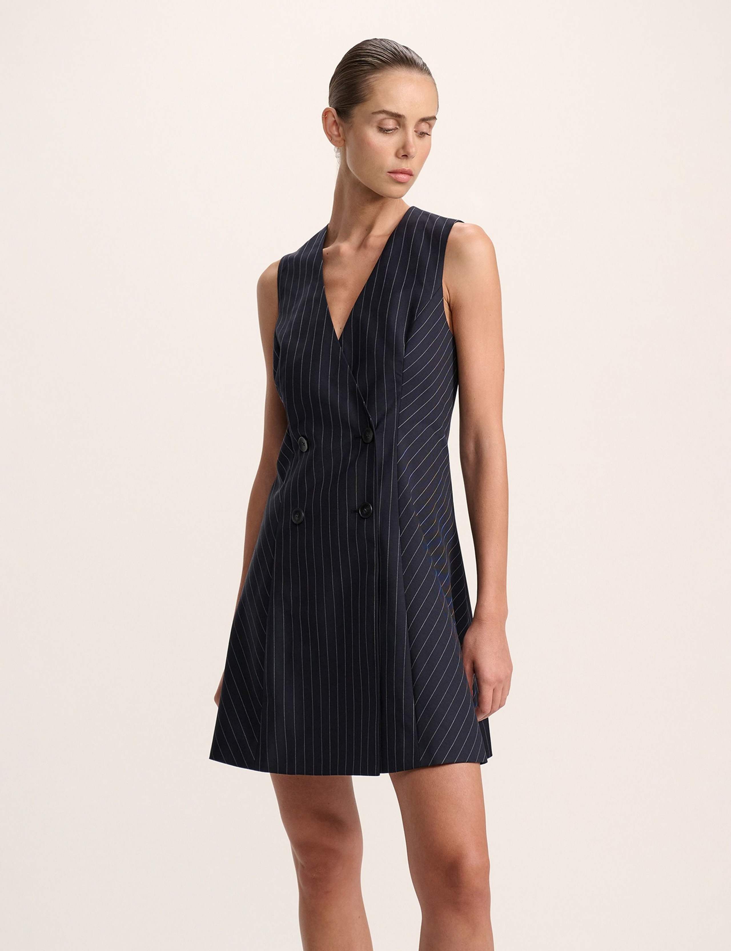 Wool Blend Pinstripe Mini Tailored Dress 2 of 6
