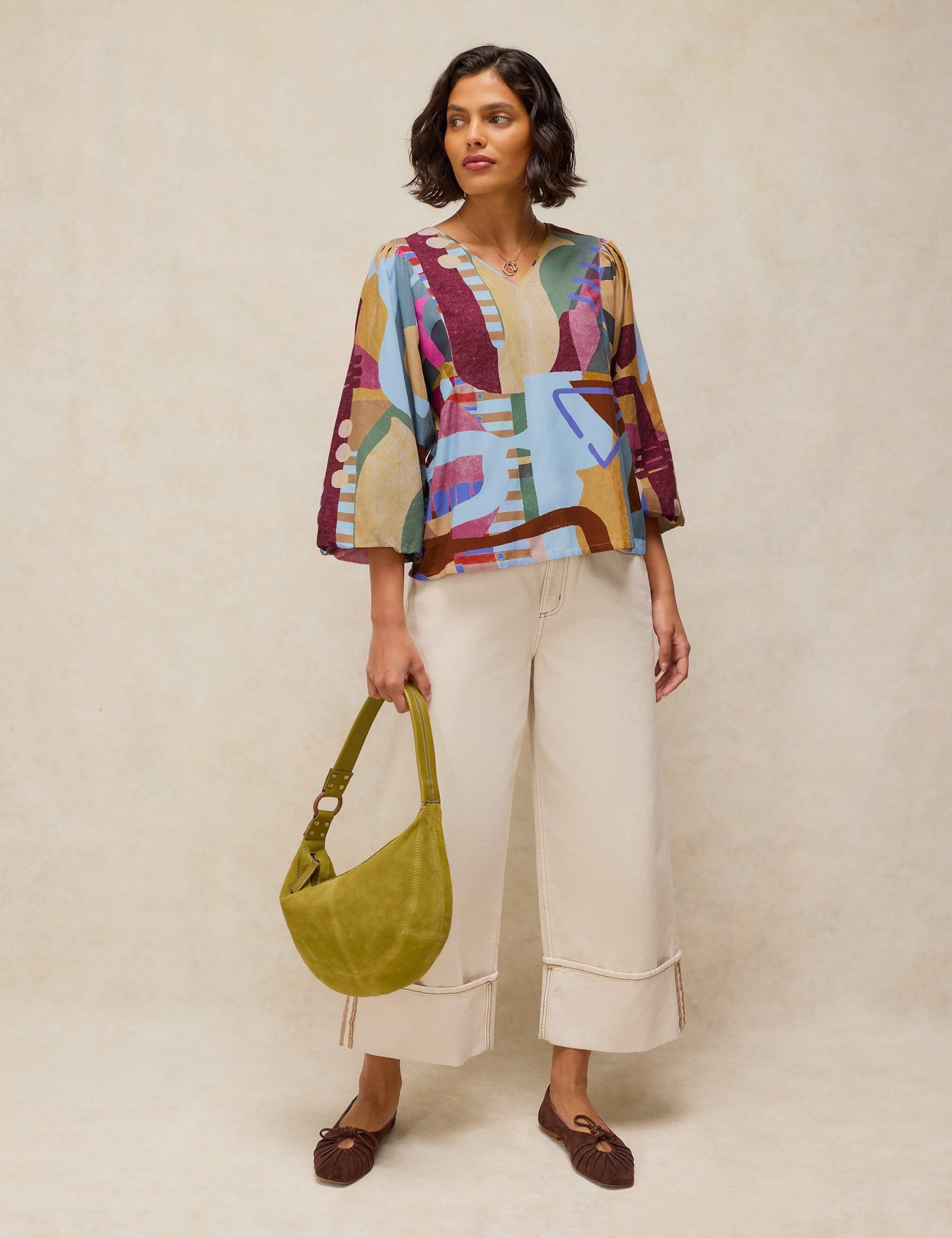 Cotton Blend Printed V-Neck Blouse 3 of 6
