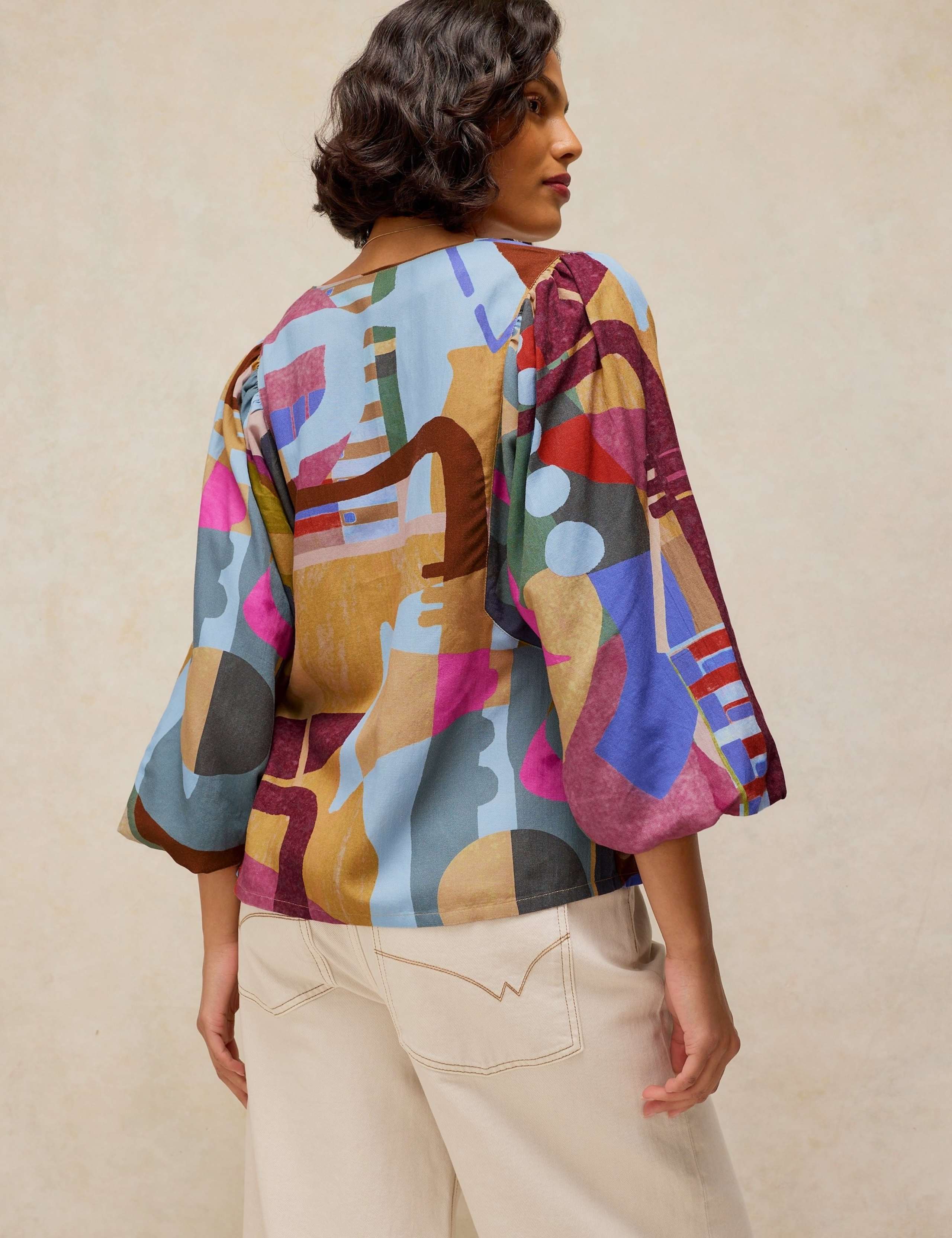 Cotton Blend Printed V-Neck Blouse 5 of 6