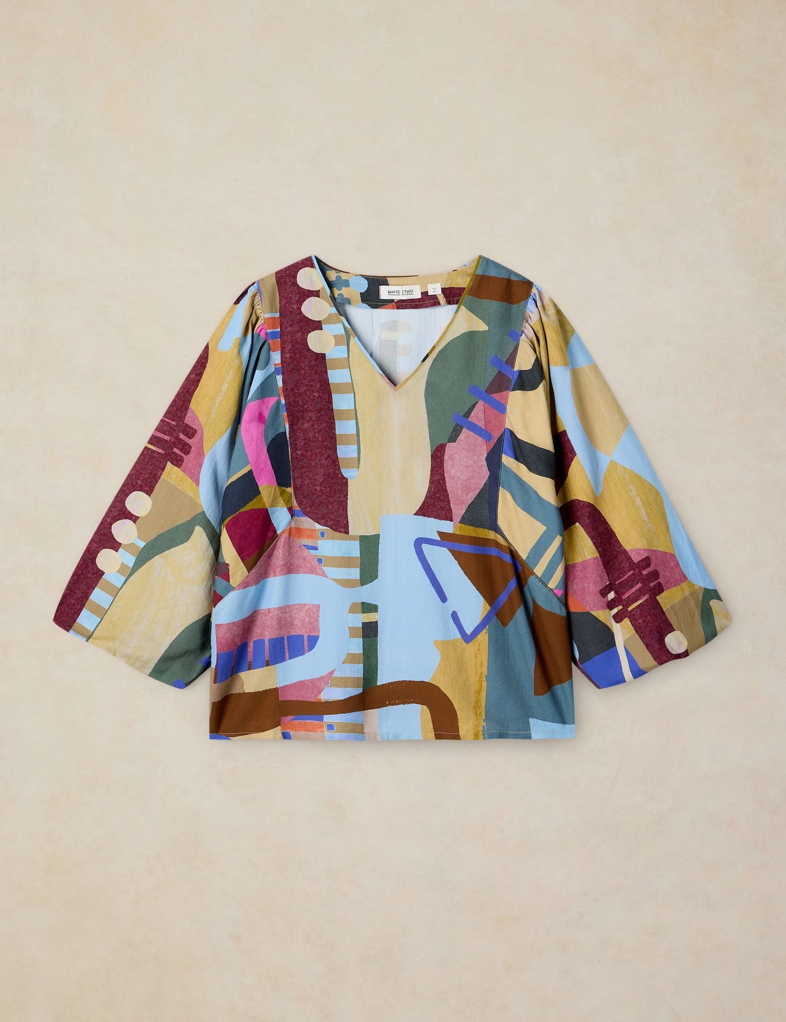 Cotton Blend Printed V-Neck Blouse 2 of 6