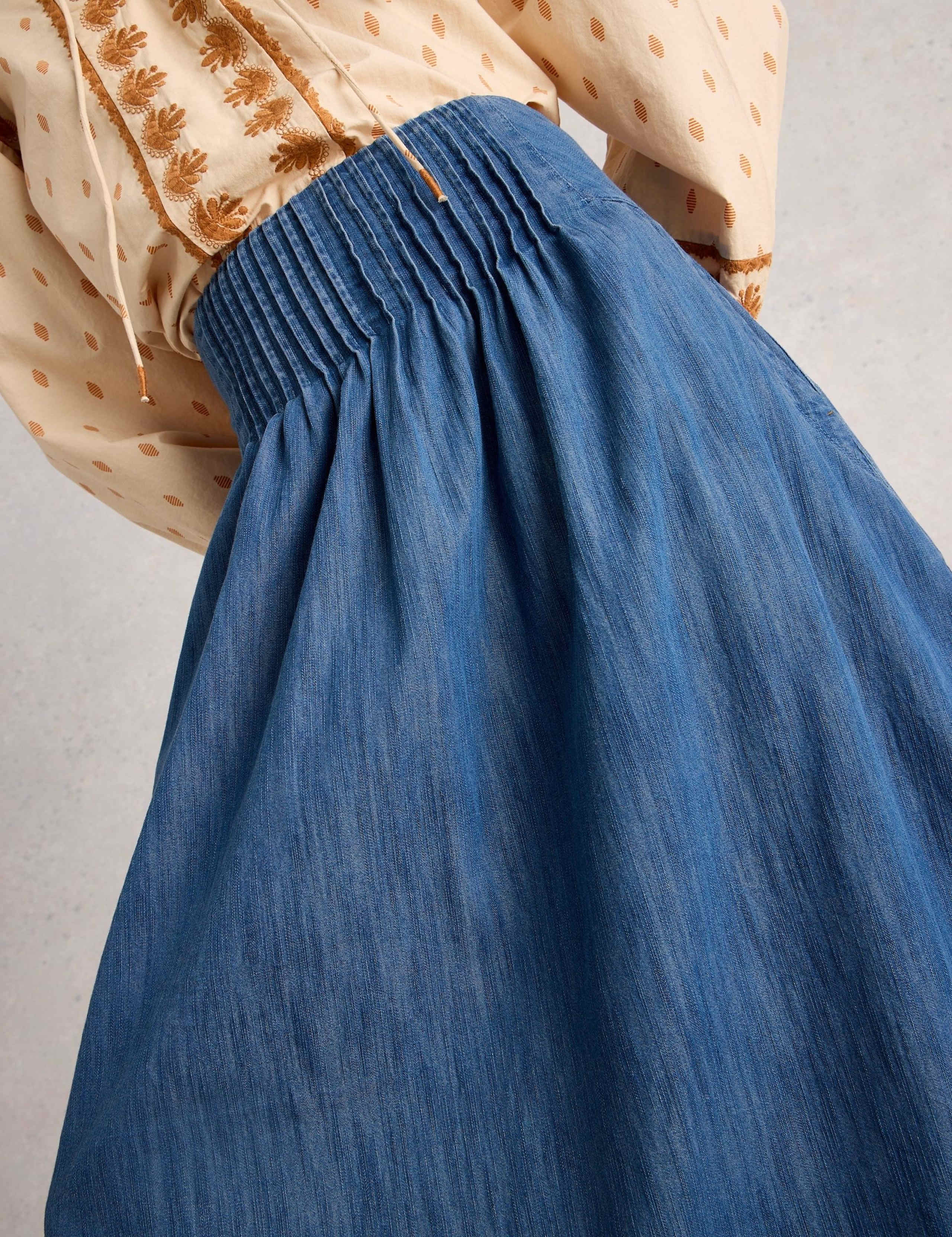 Denim Shirred Midi A-Line Skirt 3 of 6