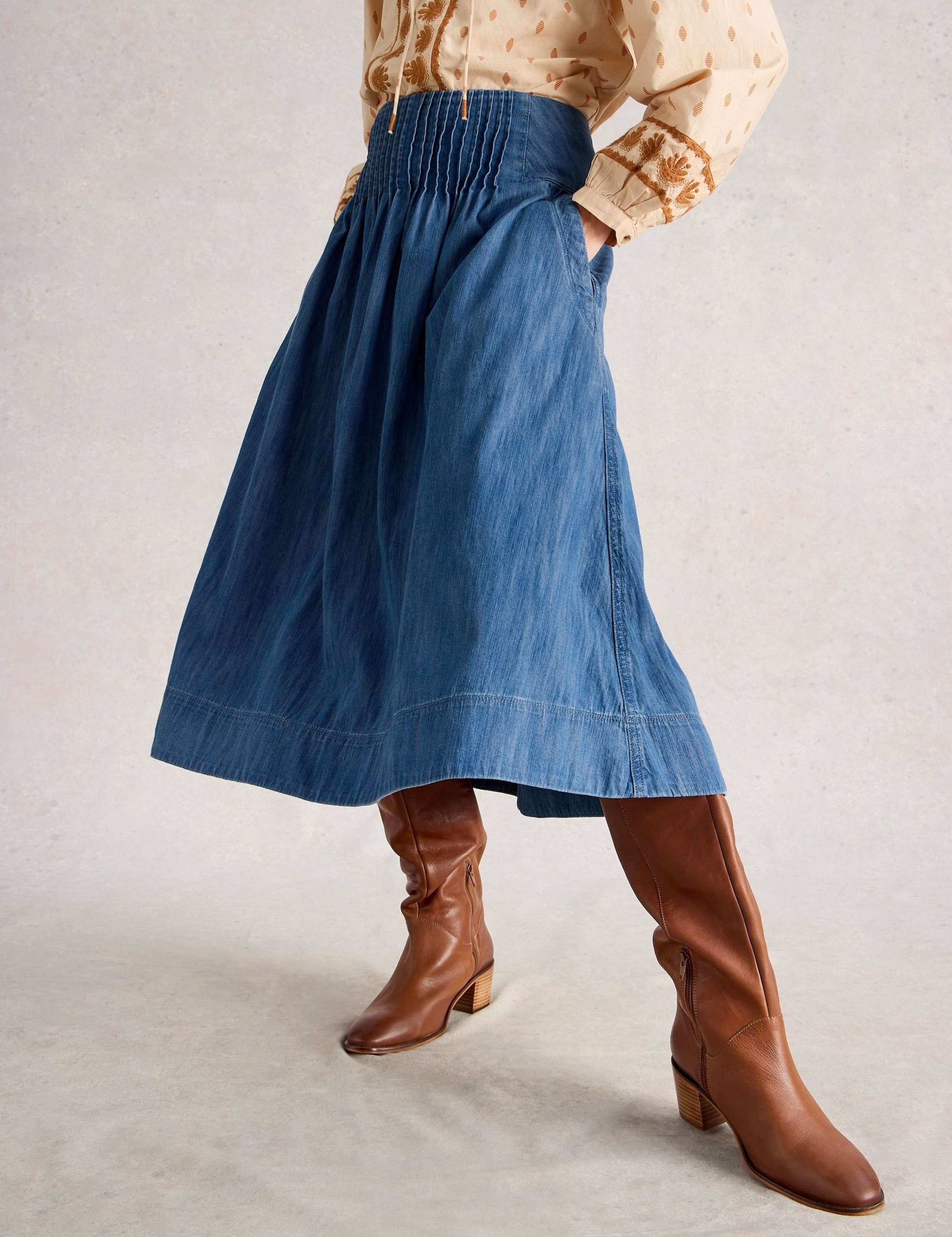 Denim Shirred Midi A-Line Skirt 4 of 6